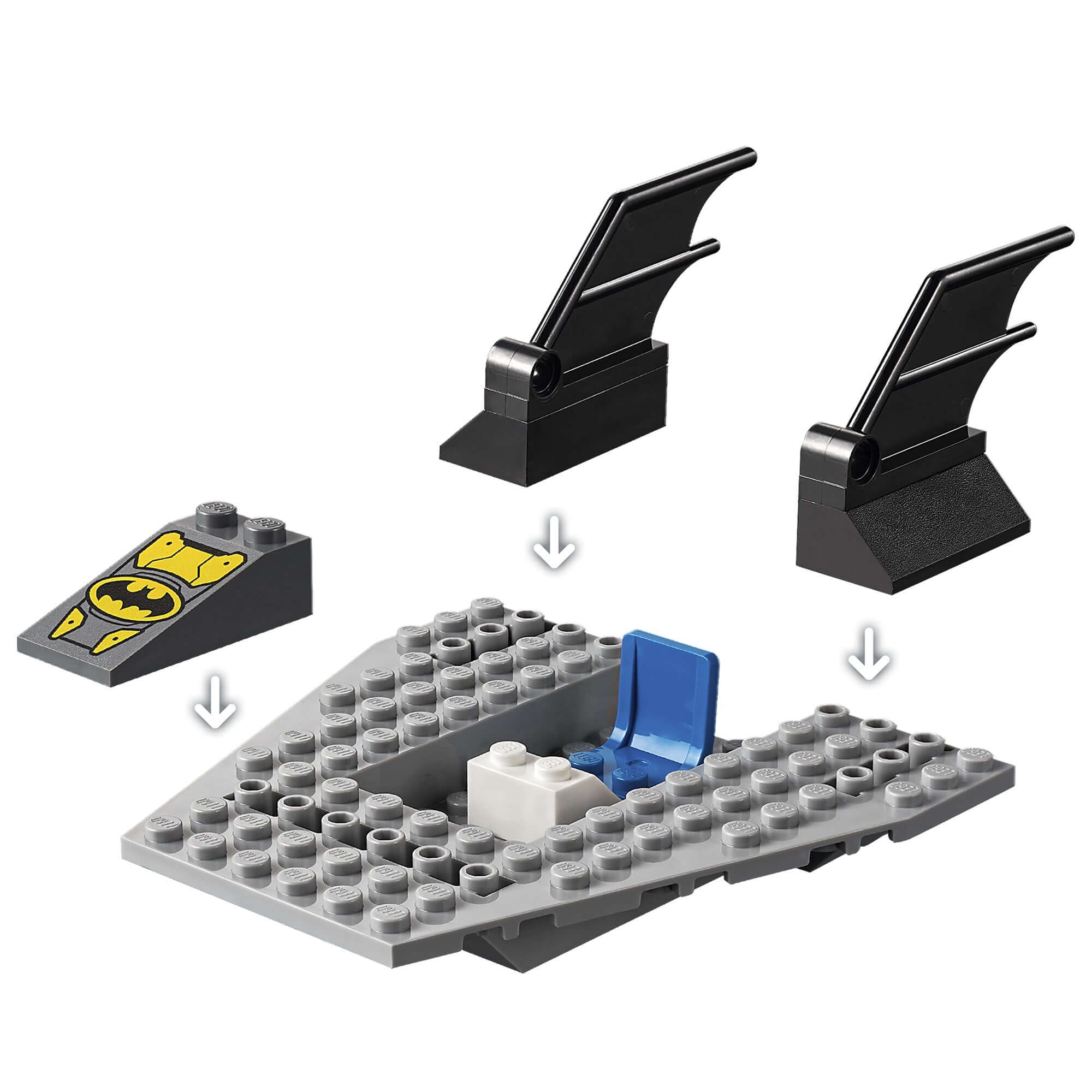 LEGO DC Batman Batboat build components, featuring Batman logo, wings, and seat for creative play with The Penguin.