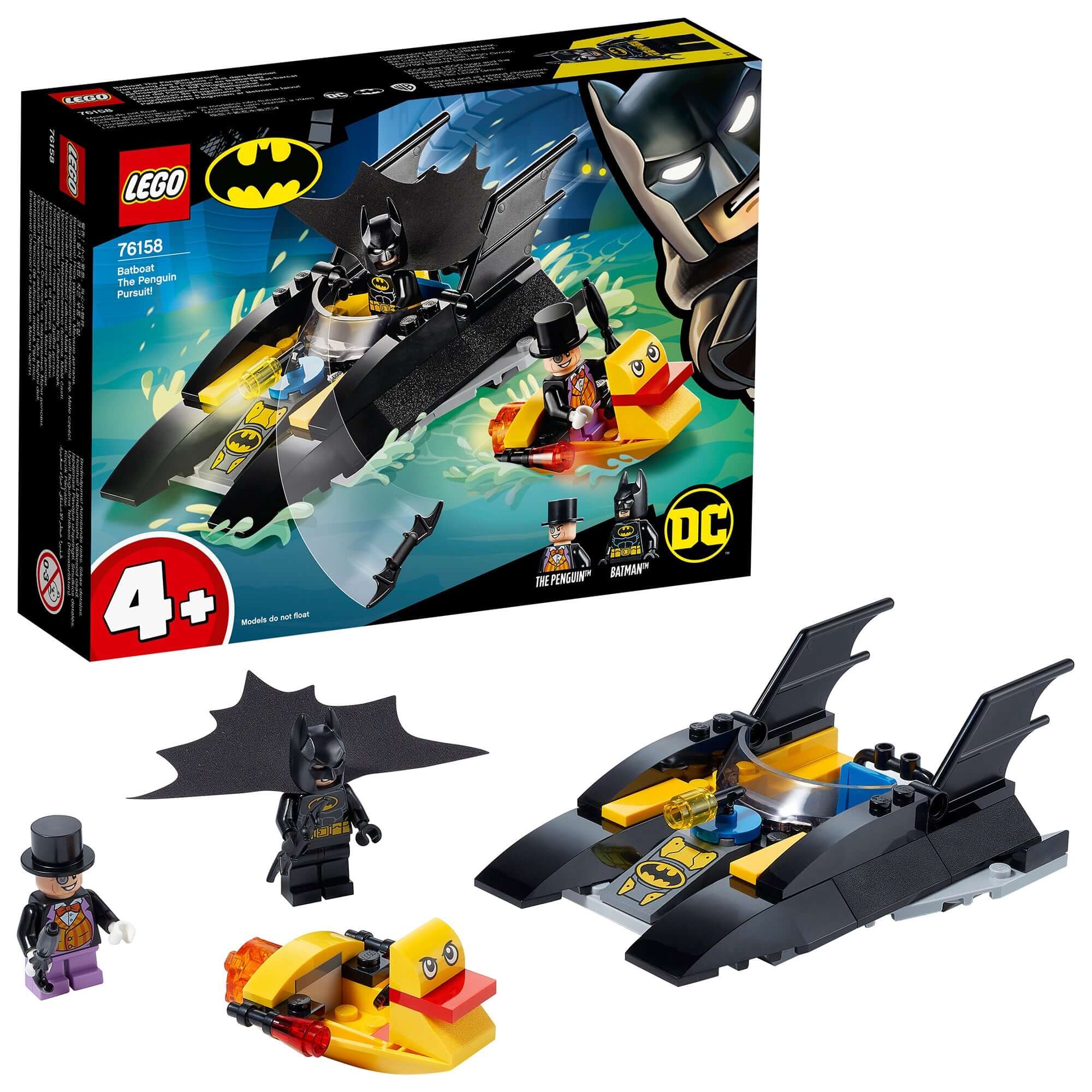 LEGO DC Batman Batboat The Penguin Pursuit Toy 76158 featuring Batman and The Penguin minifigures with toy boats.