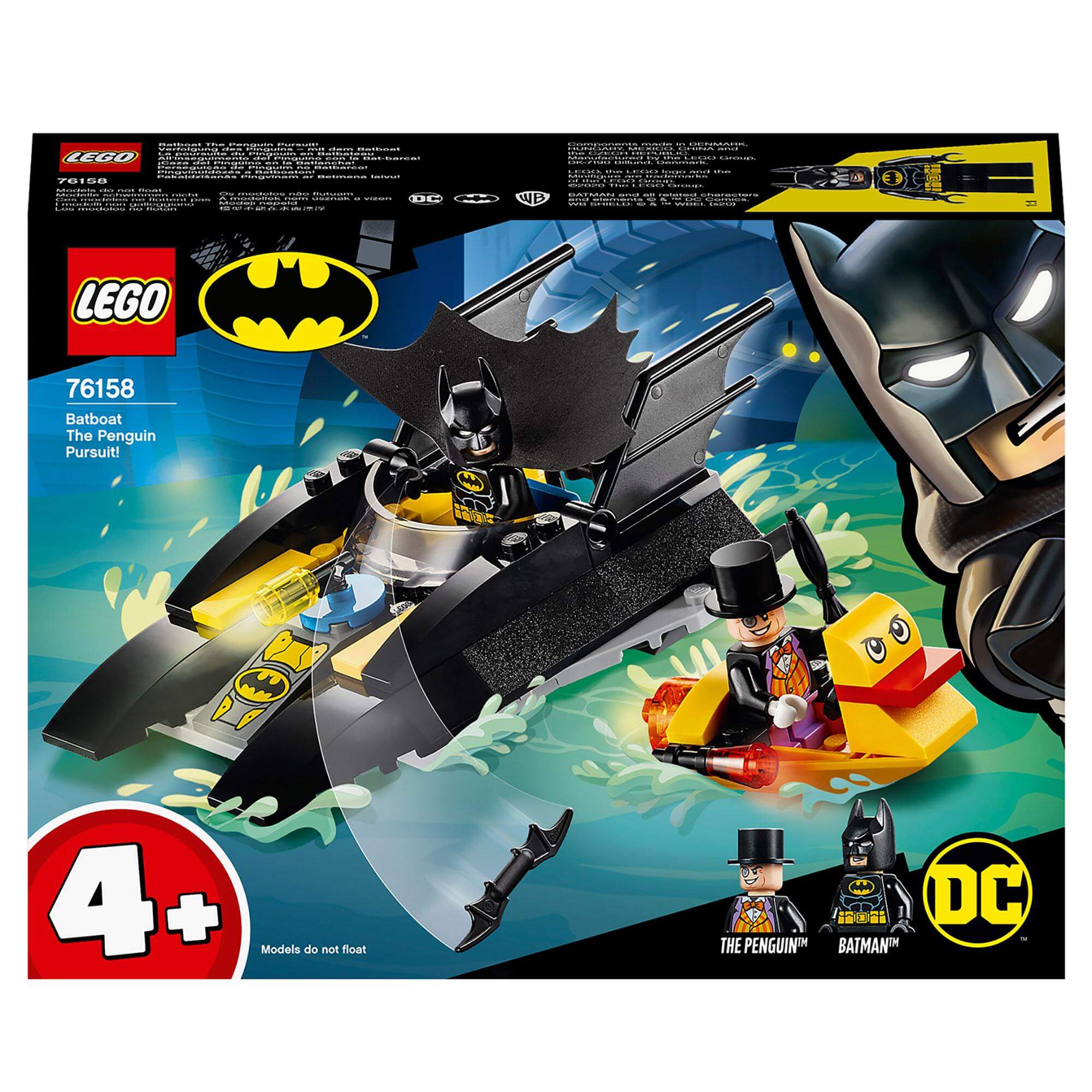 LEGO® DC Batman Batboat The Penguin Pursuit set 76158 featuring Batman and The Penguin minifigures in action.