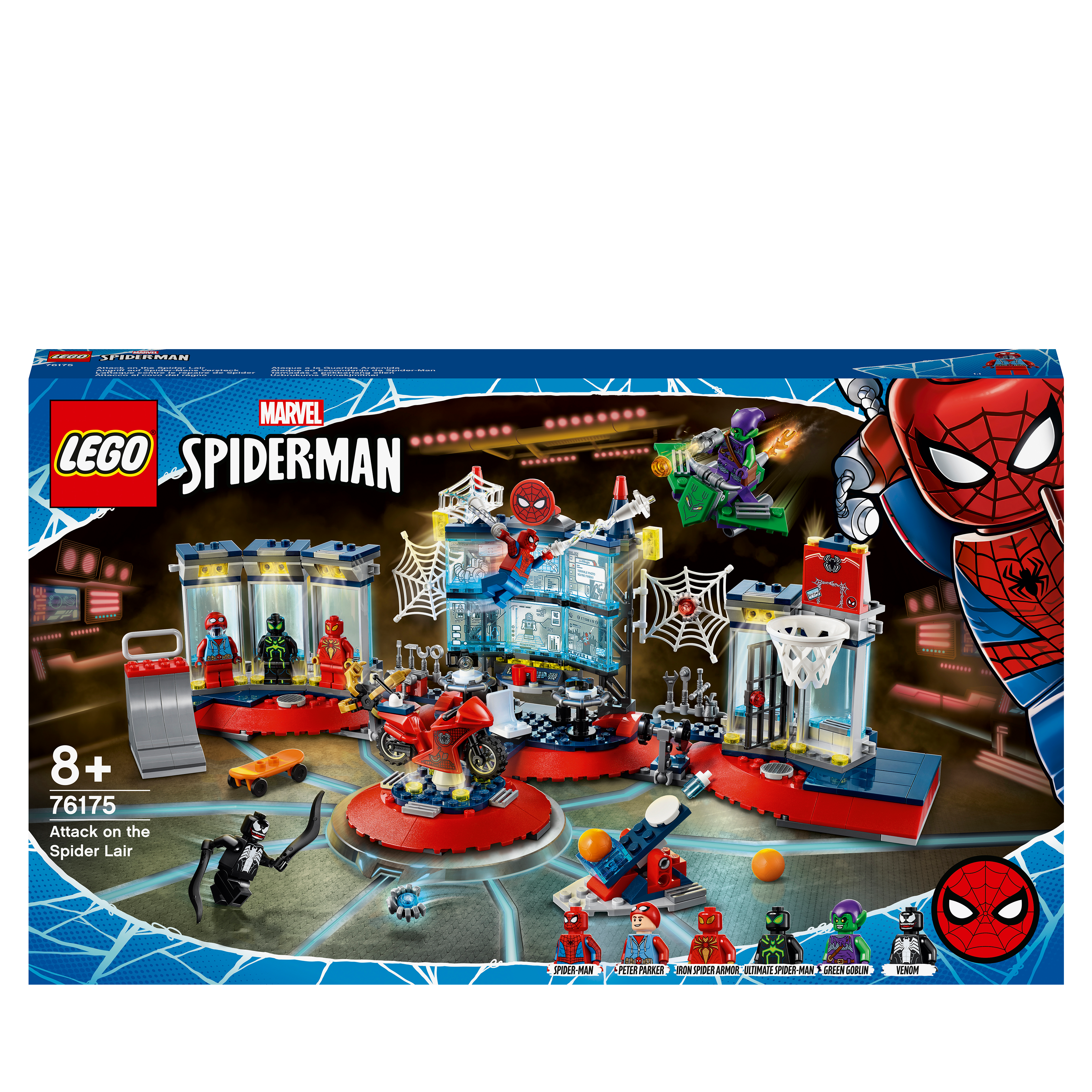 LEGO Marvel Spider-Man Attack on the Spider Lair 76175 set with Spider-Man and villains in a superhero playroom.