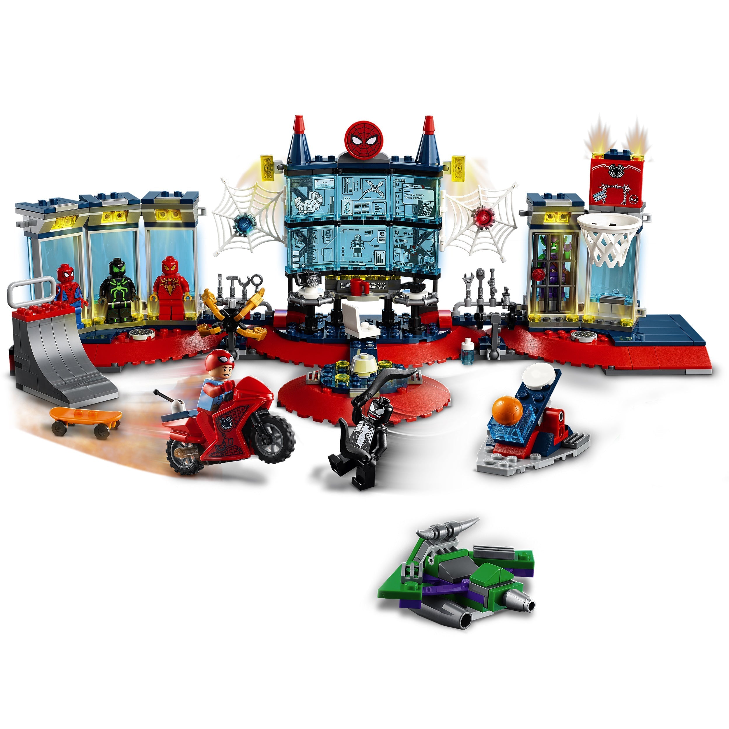 LEGO Marvel Spider-Man Attack on the Spider Lair 76175, featuring superhero headquarters, skate ramp, and vehicles.