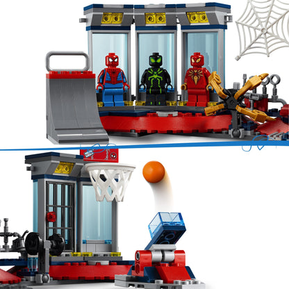 LEGO Marvel Spider-Man Attack on the Spider Lair 76175 featuring Spidey figures, a basketball hoop, and fun accessories.