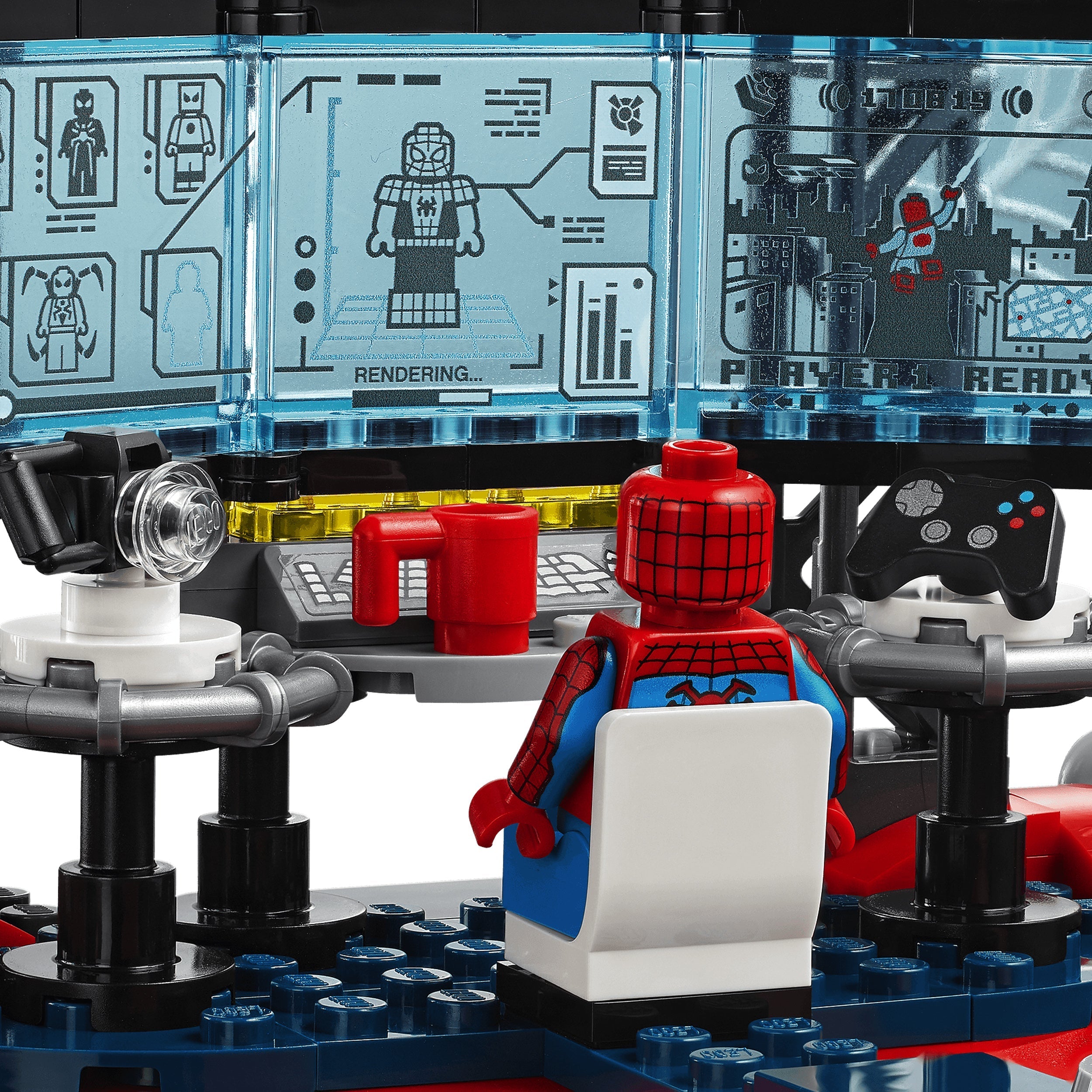 LEGO Marvel Spider-Man set featuring Spider-Man at a high-tech gaming station in the Spider Lair.