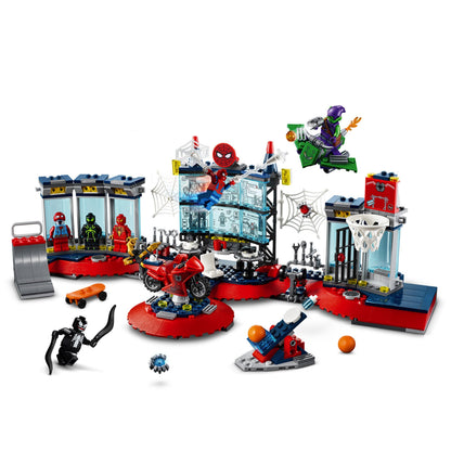 LEGO® Marvel Spider-Man Attack on the Spider Lair set featuring Spider-Man, villains, and a superhero-themed teen room.