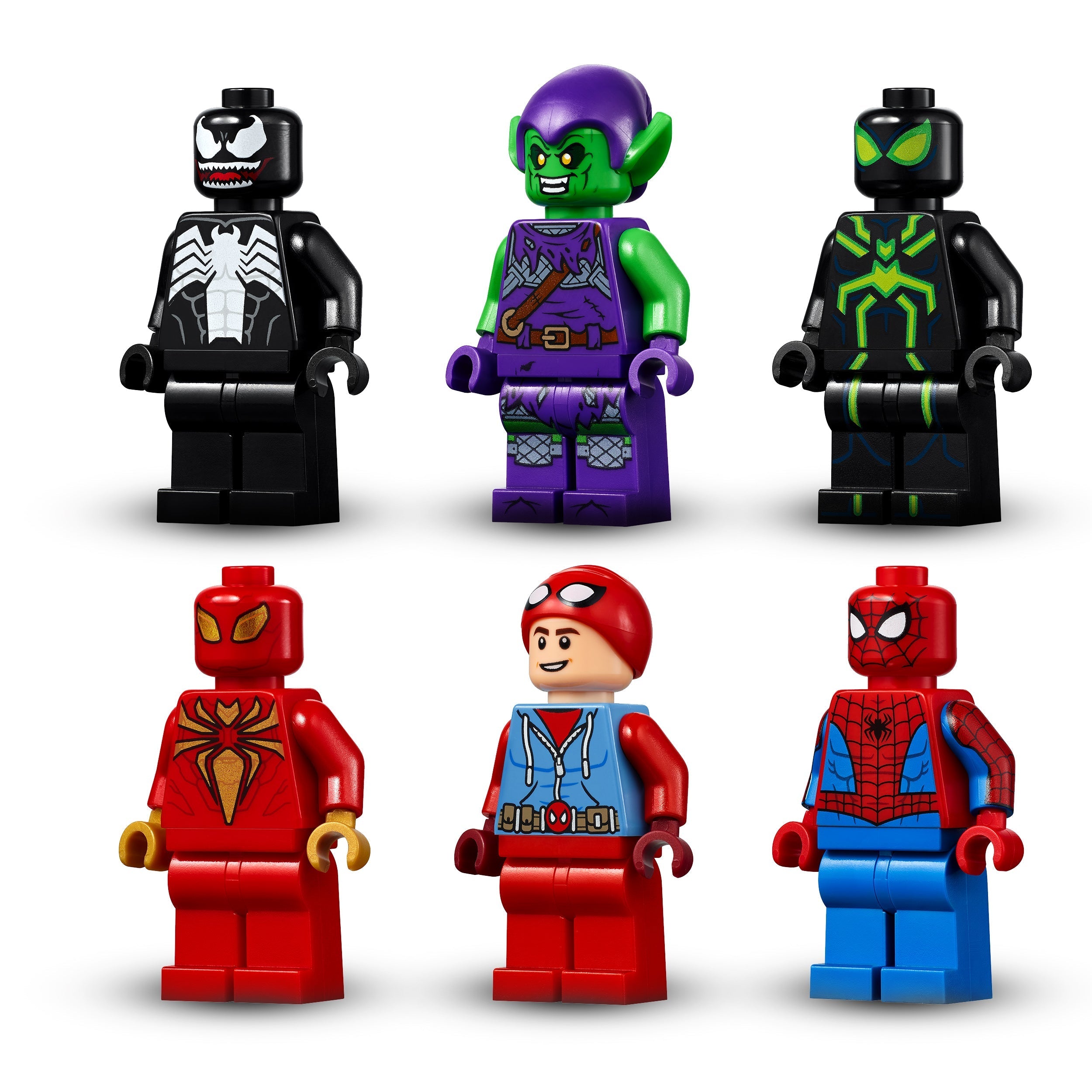 LEGO® Marvel Spider-Man figures including Venom, Green Goblin, Spider-Man, and more in vibrant colors.