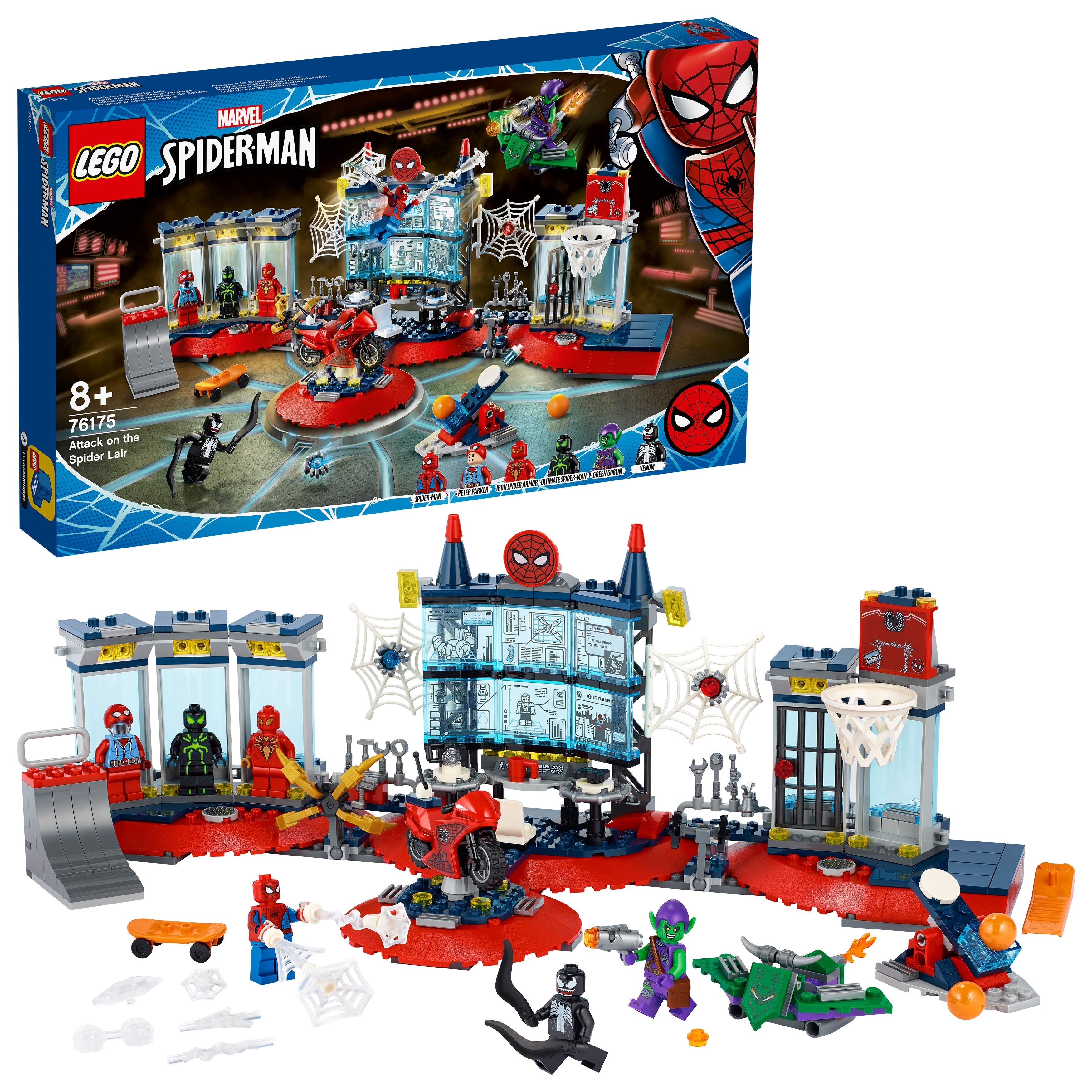 LEGO Marvel Spider-Man Attack on the Spider Lair set 76175 with superheroes, villains, and fun play features.