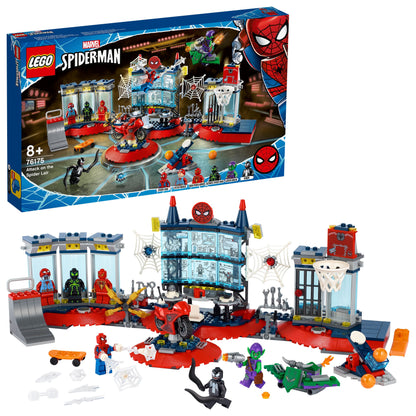 LEGO Marvel Spider-Man Attack on the Spider Lair set 76175 with superheroes, villains, and fun play features.