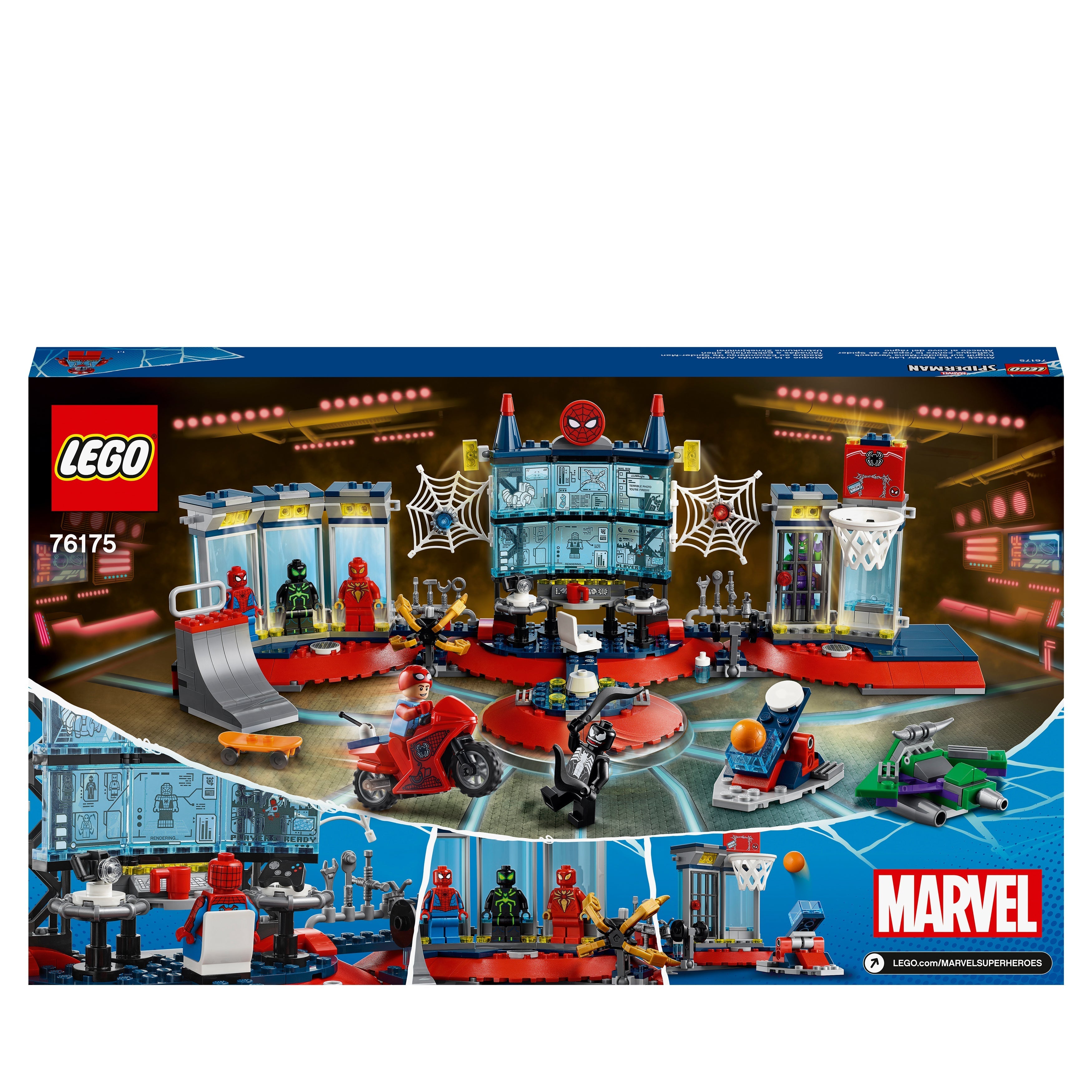 LEGO Marvel Spider-Man Attack on the Spider Lair 76175 set with superhero figures and gadgets, perfect for kids.
