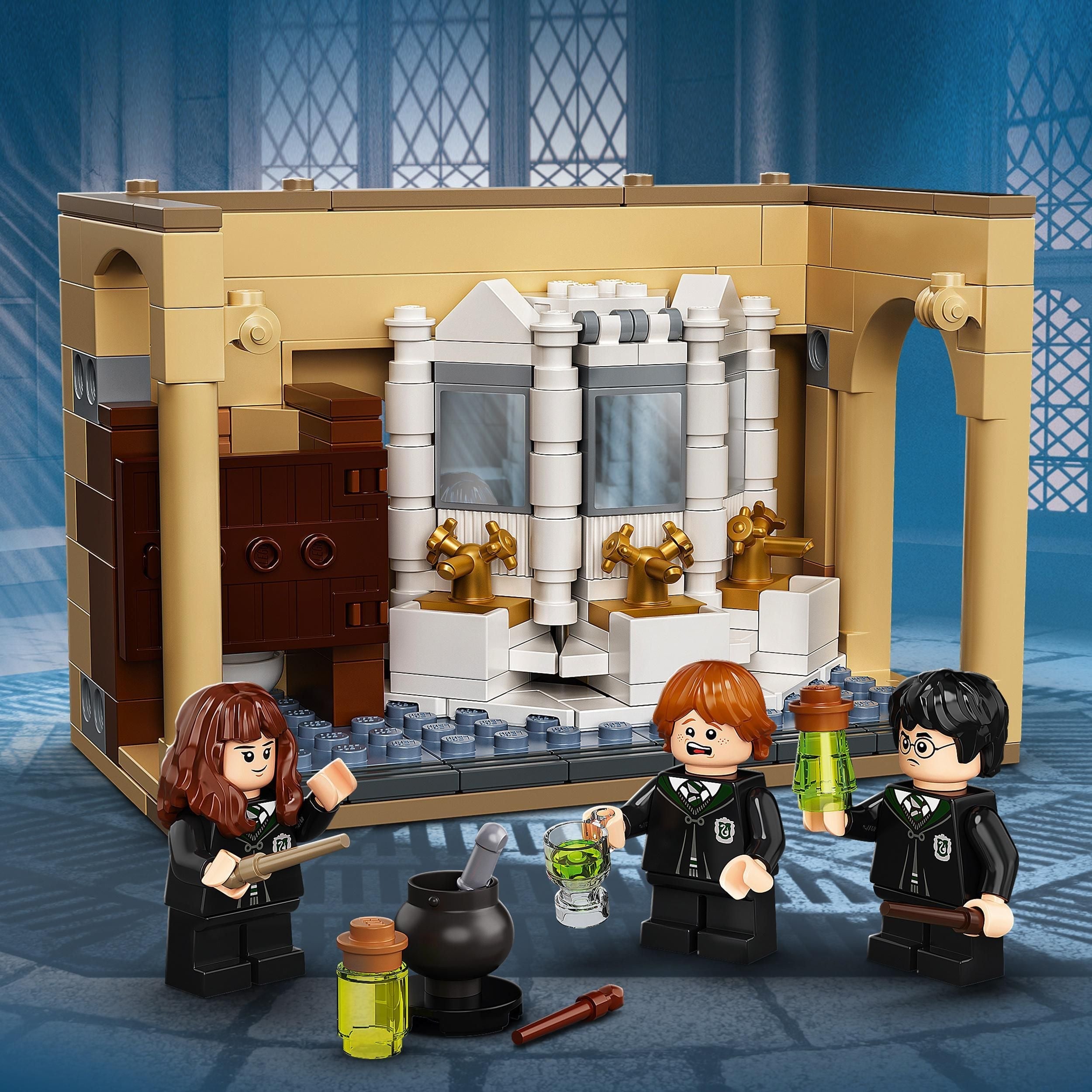 LEGO Harry Potter Potion Mistake Set 76386 with characters Hermione, Ron, and Harry in Hogwarts bathroom.
