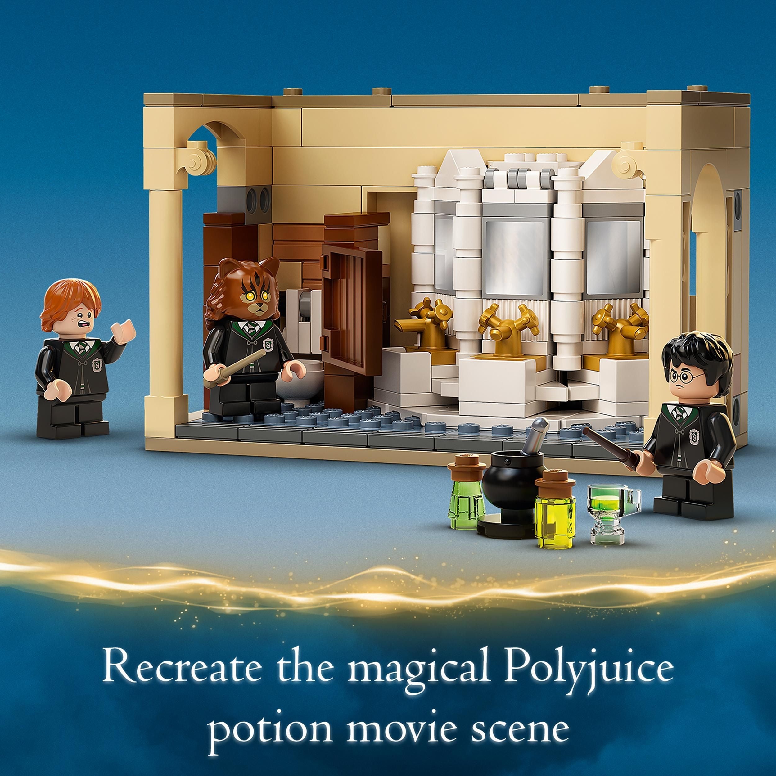 LEGO Harry Potter Hogwarts Potion Mistake Set 76386 featuring characters in the Hogwarts bathroom with potions.