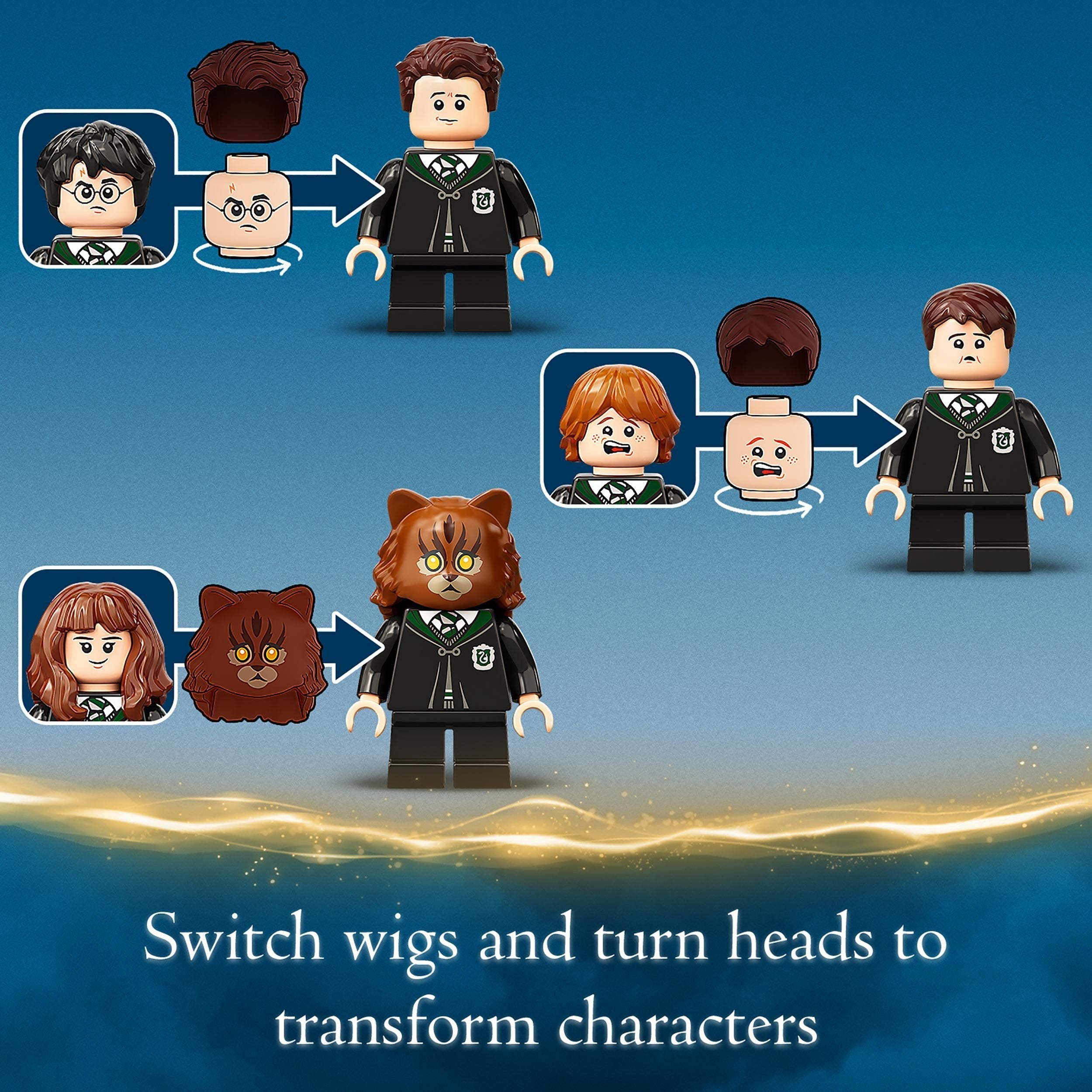 LEGO Harry Potter characters transformation showing head and wig swaps for creative play in Hogwarts.