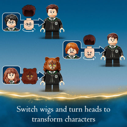LEGO Harry Potter characters transformation showing head and wig swaps for creative play in Hogwarts.
