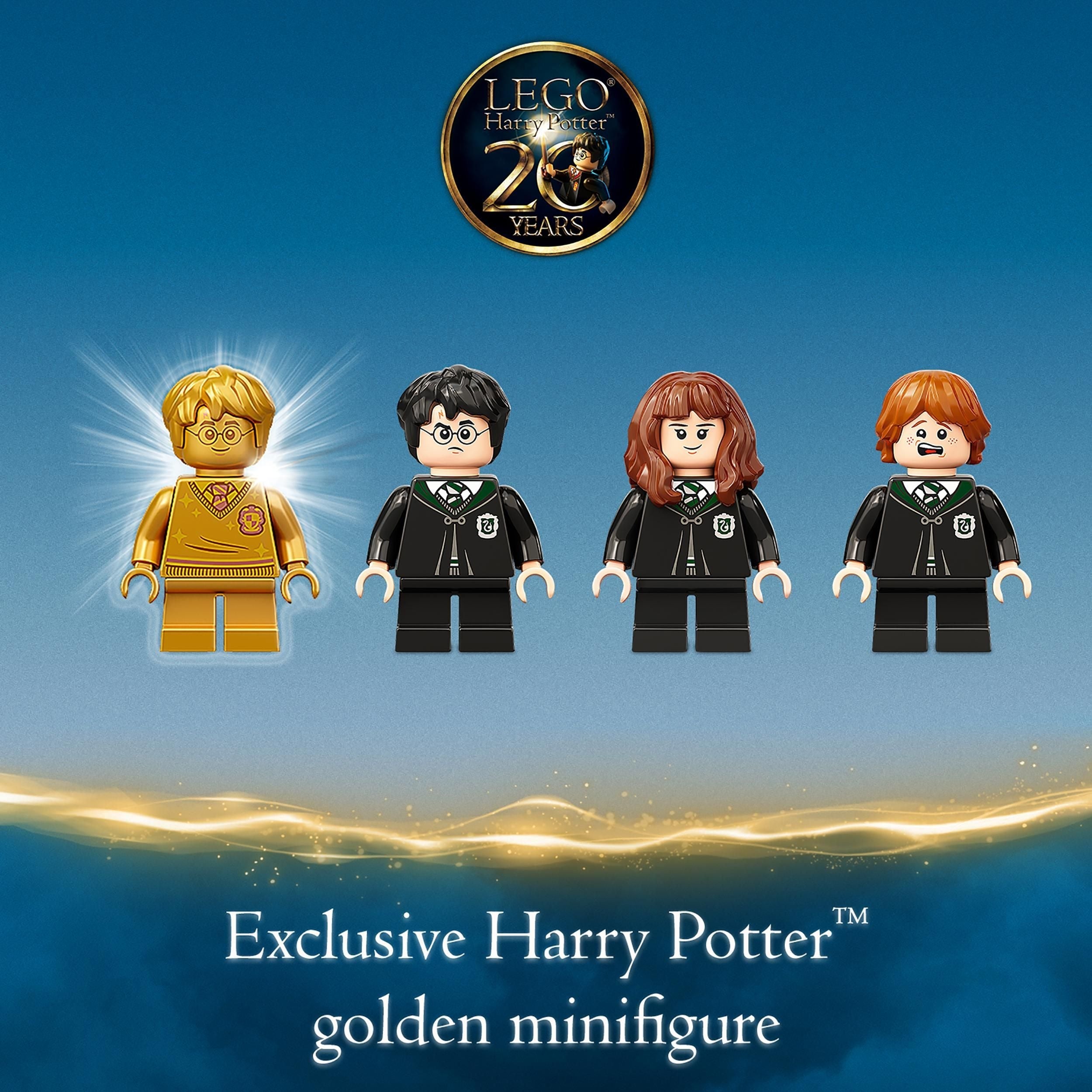 LEGO Harry Potter exclusive golden minifigure and three characters from the Hogwarts Potion Mistake set.