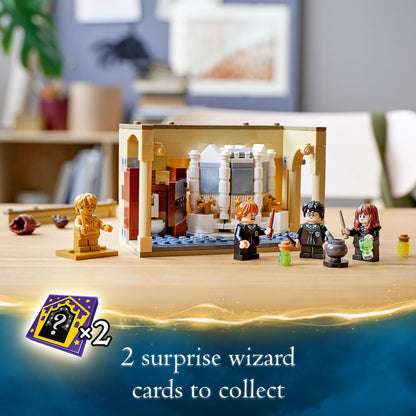 LEGO Harry Potter set 76386 with characters in Hogwarts bathroom, featuring potion-making and hidden wizard cards.