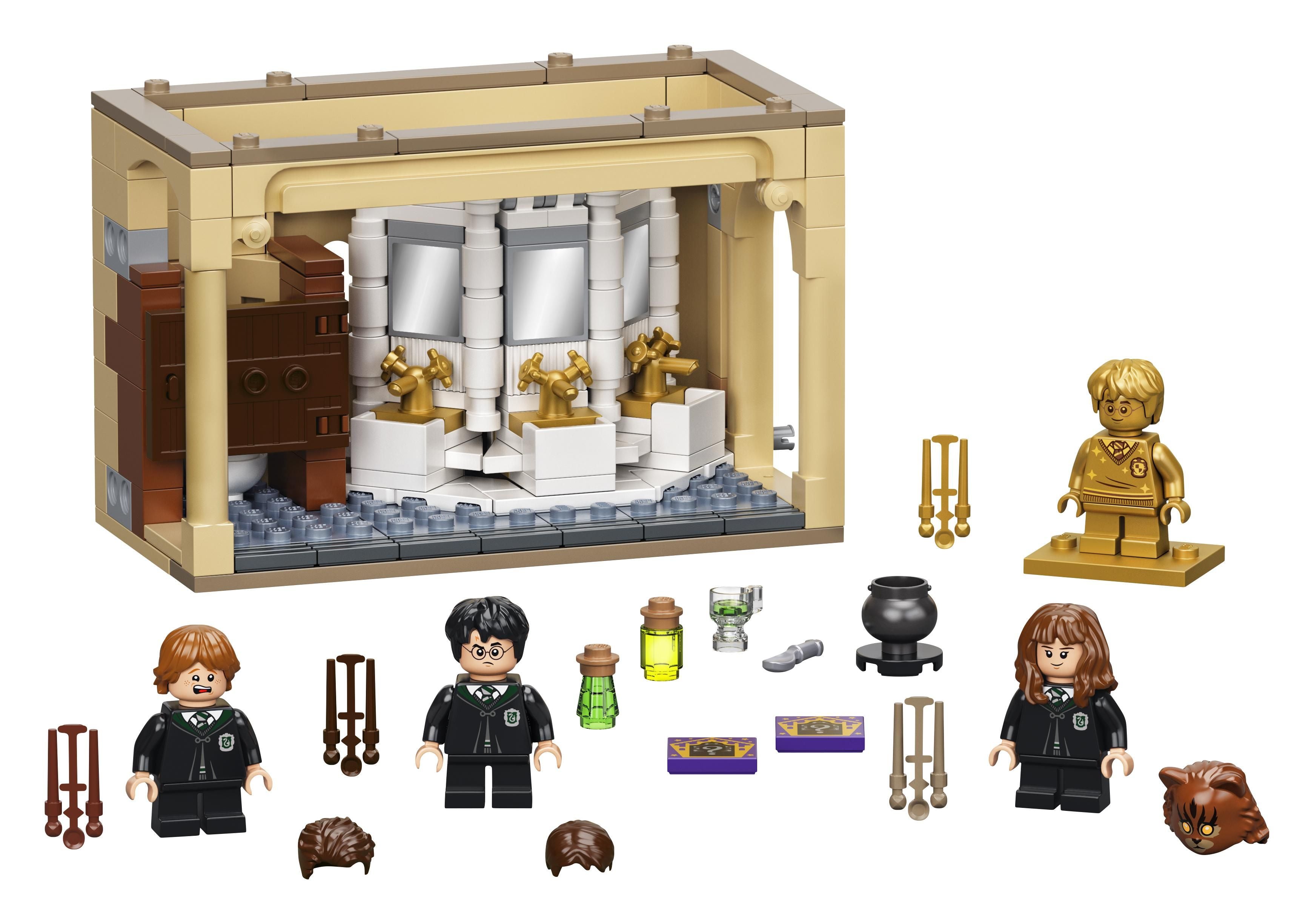 LEGO Harry Potter Hogwarts Potion Mistake Set 76386 featuring characters and potion elements in the Hogwarts bathroom.