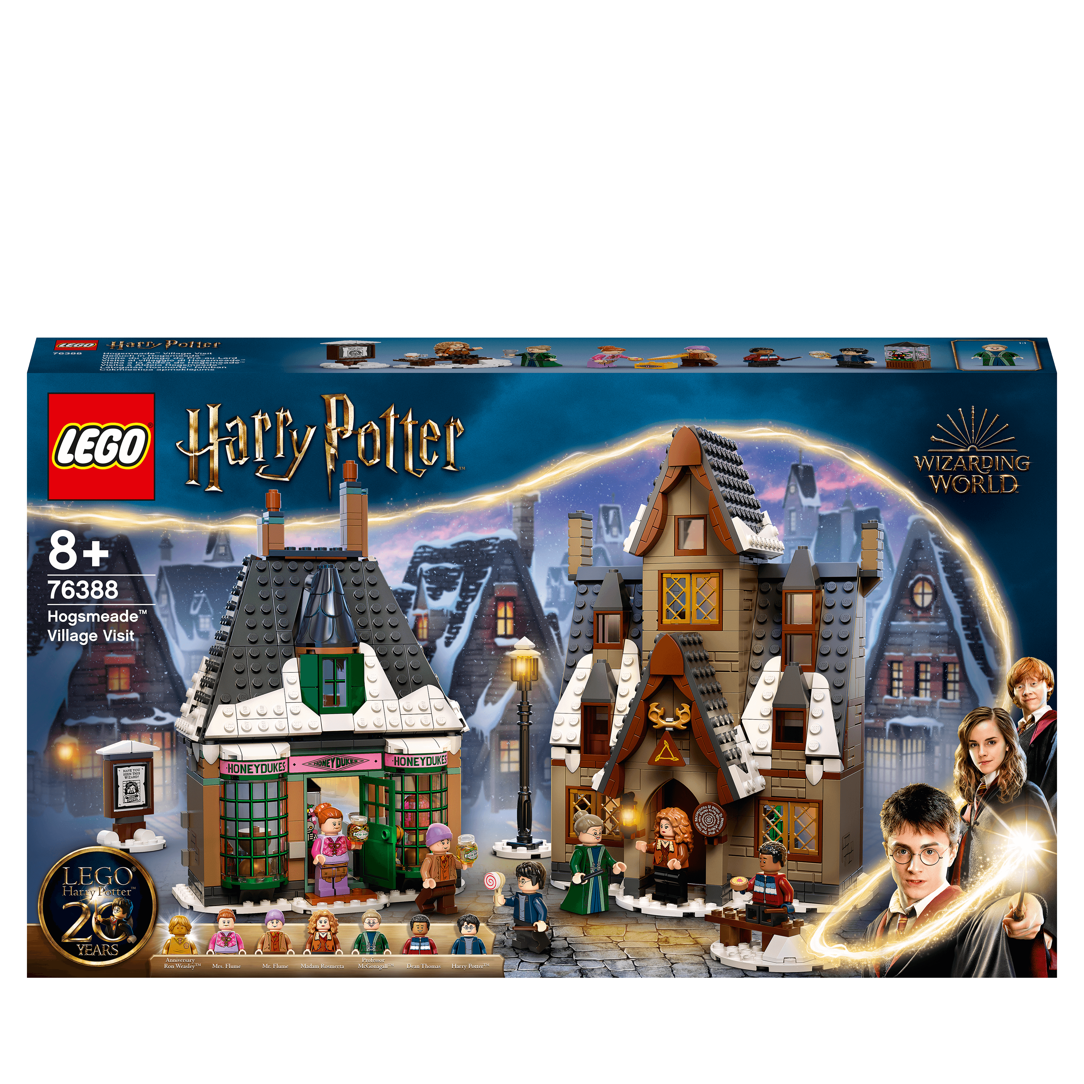 LEGO Harry Potter Hogsmeade Village Visit Set 76388 packaging featuring iconic buildings and characters for magical adventures.