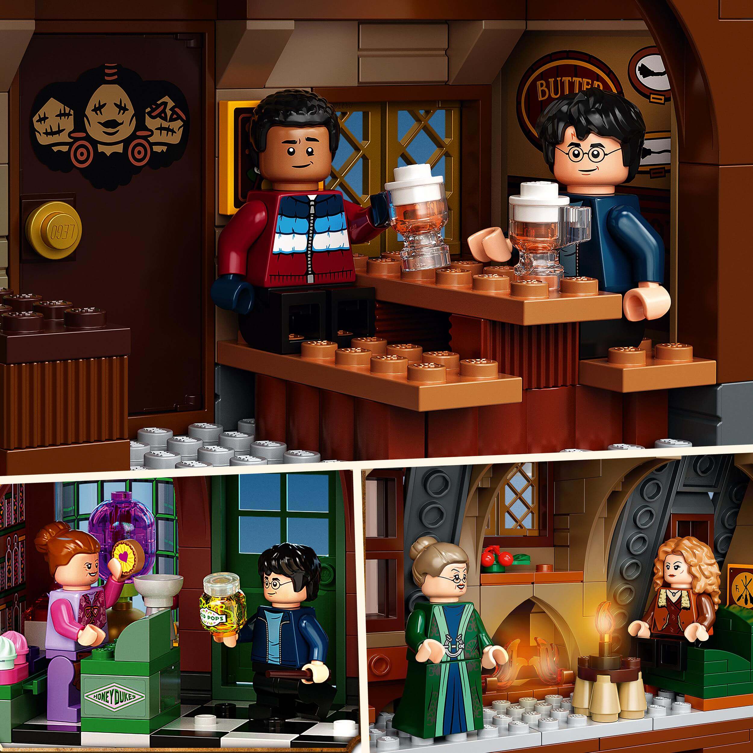 LEGO Harry Potter Hogsmeade Village Visit Set 76388 featuring characters at the Three Broomsticks pub.