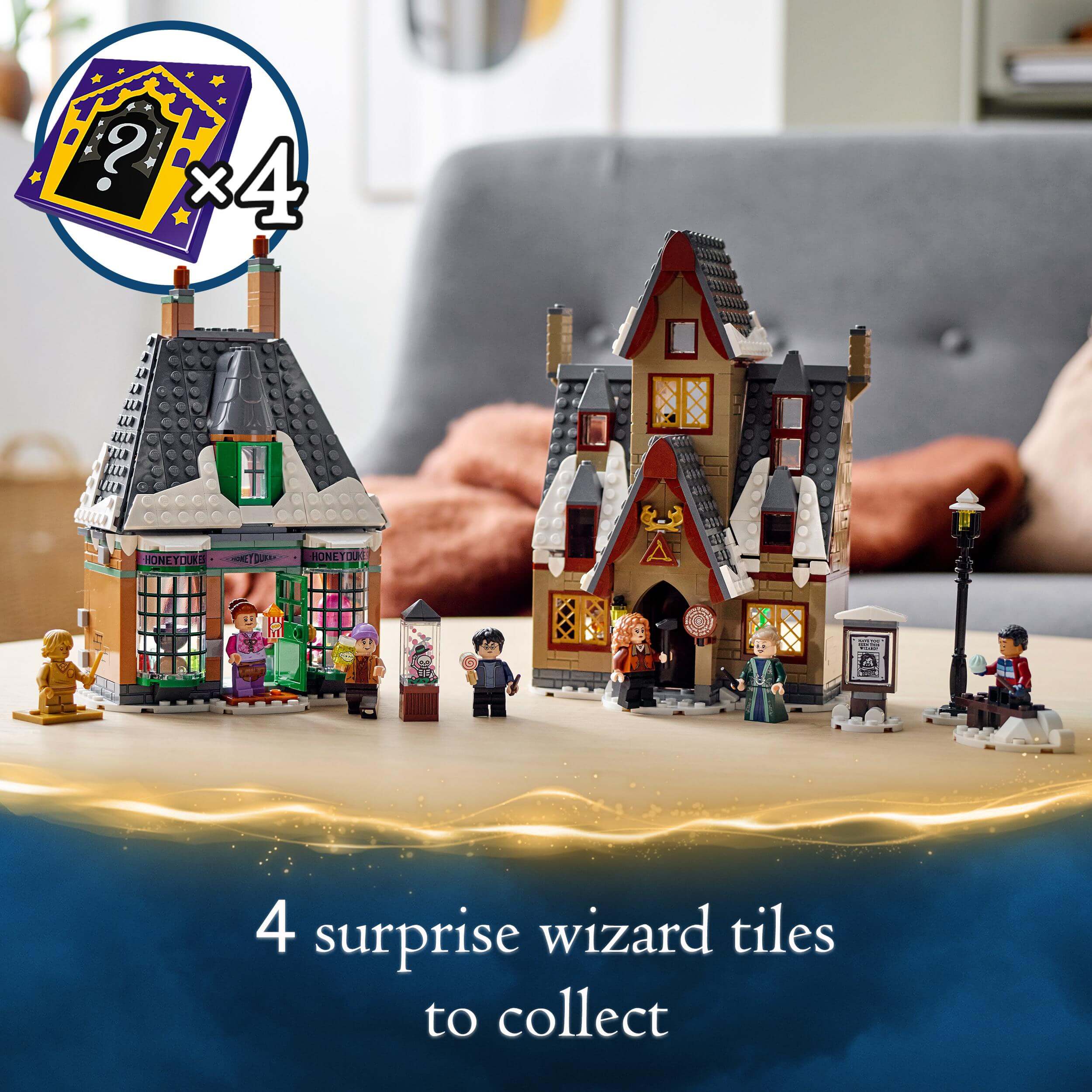 LEGO Harry Potter Hogsmeade Village Set 76388 with surprise wizard tiles and character figures in a cozy setting.