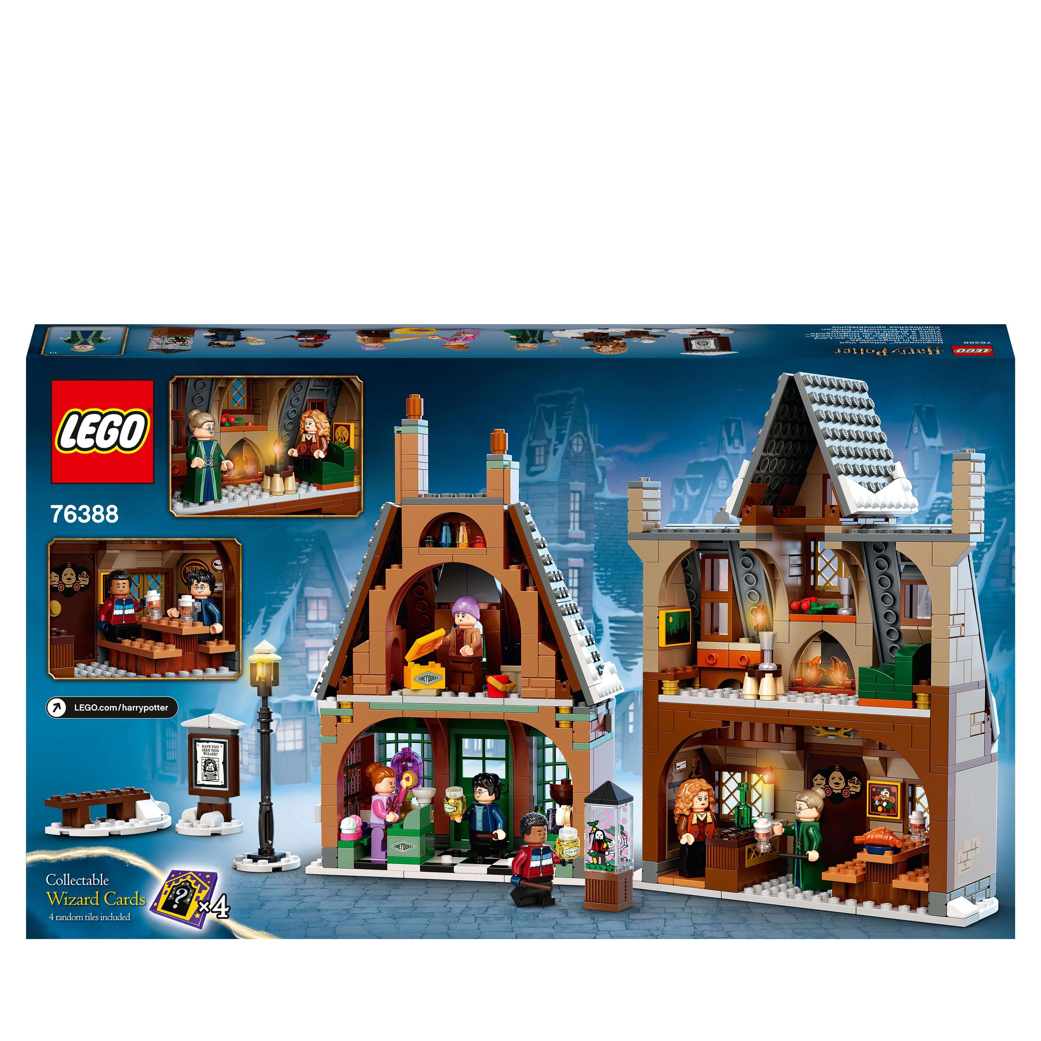 LEGO Harry Potter Hogsmeade Village Visit Set 76388, featuring charming buildings and collectible wizard card.