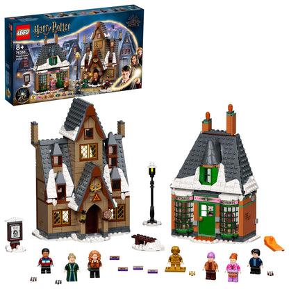 LEGO Harry Potter Hogsmeade Village Visit Set 76388 with buildable houses, characters, and winter theme.