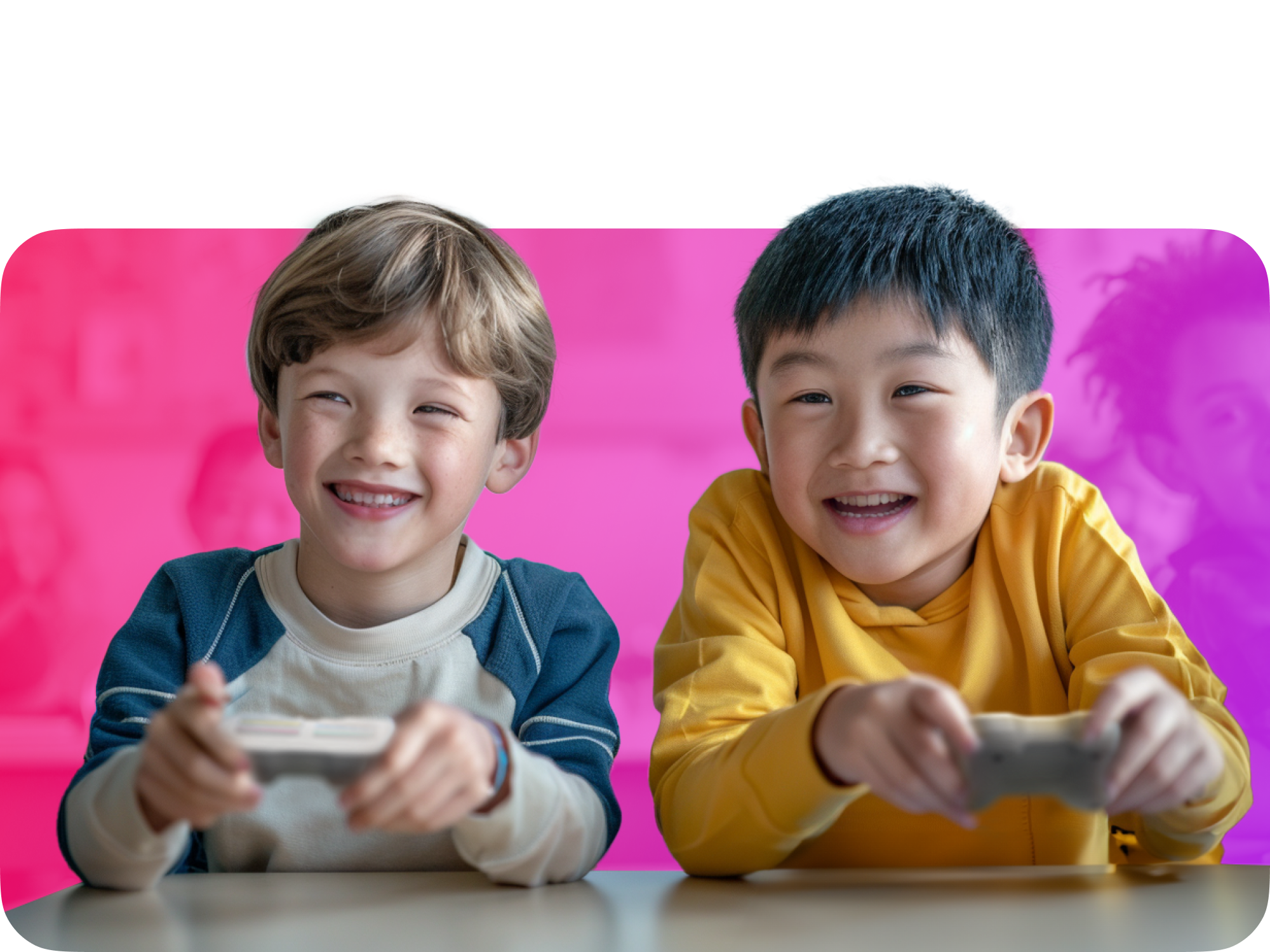 Two smiling boys playing video games together, enjoying gaming in a colorful setting.