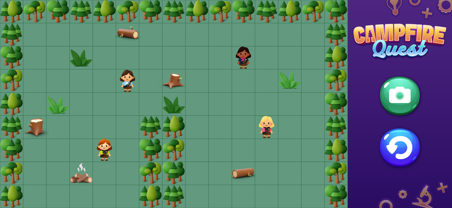 Colorful game interface of Campfire Quest featuring characters in a forest setting with logs and plants.