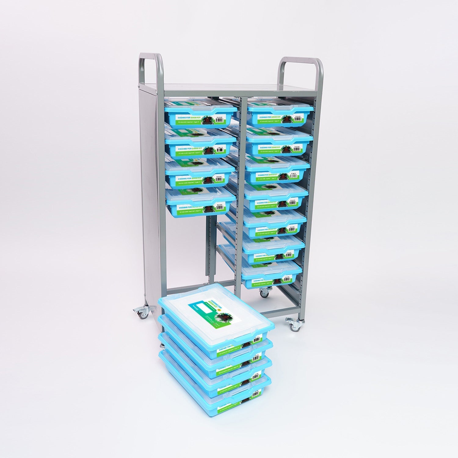 A grey metal mobile storage cart with heavy-duty wheels, holding several blue "Coding for Good" kit bins in sliding slots. A stack of four additional blue bins is placed on the floor in front of the cart.