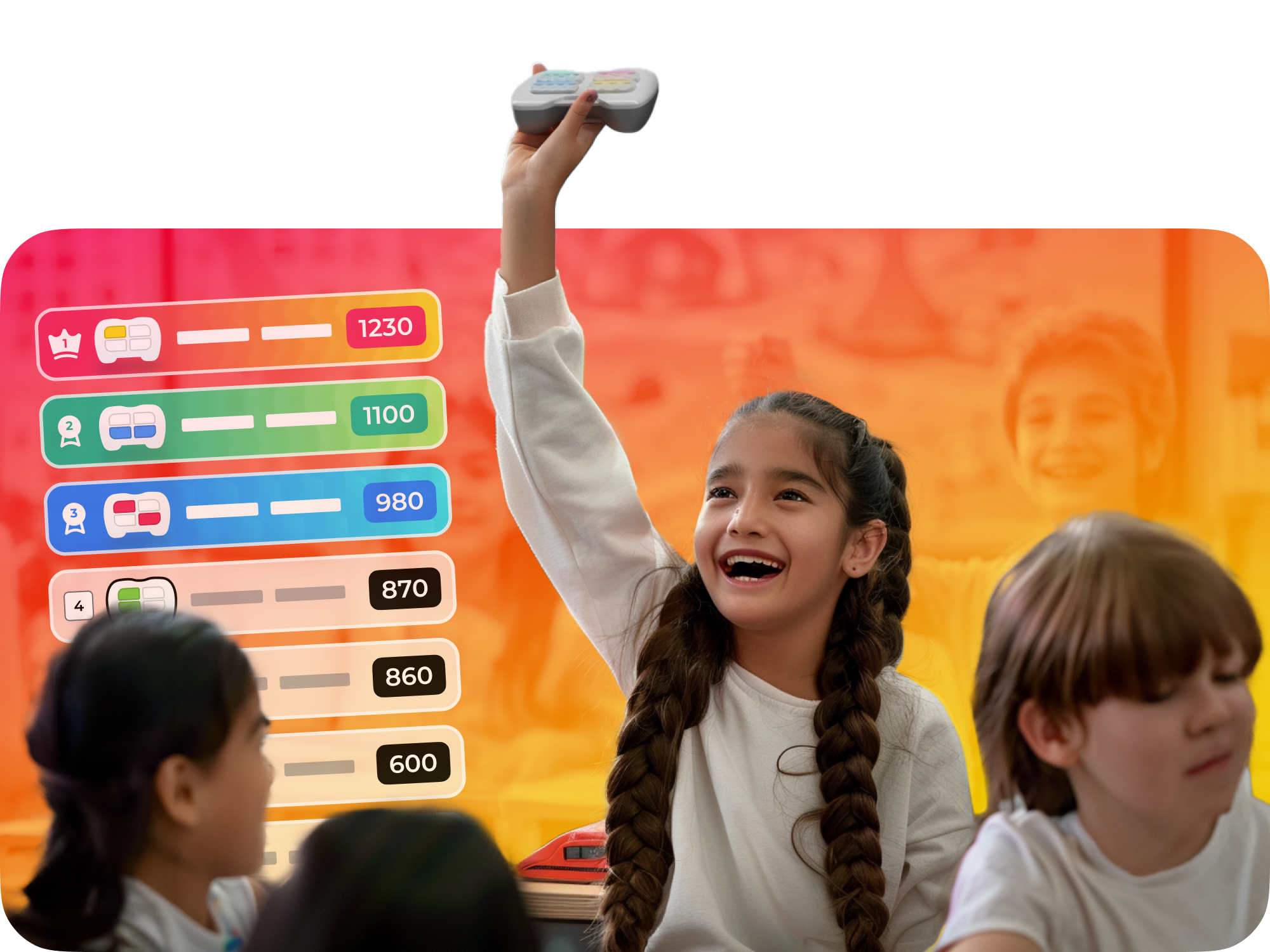Excited girl raising her hand in a classroom, showcasing game scores on a colorful leaderboard.