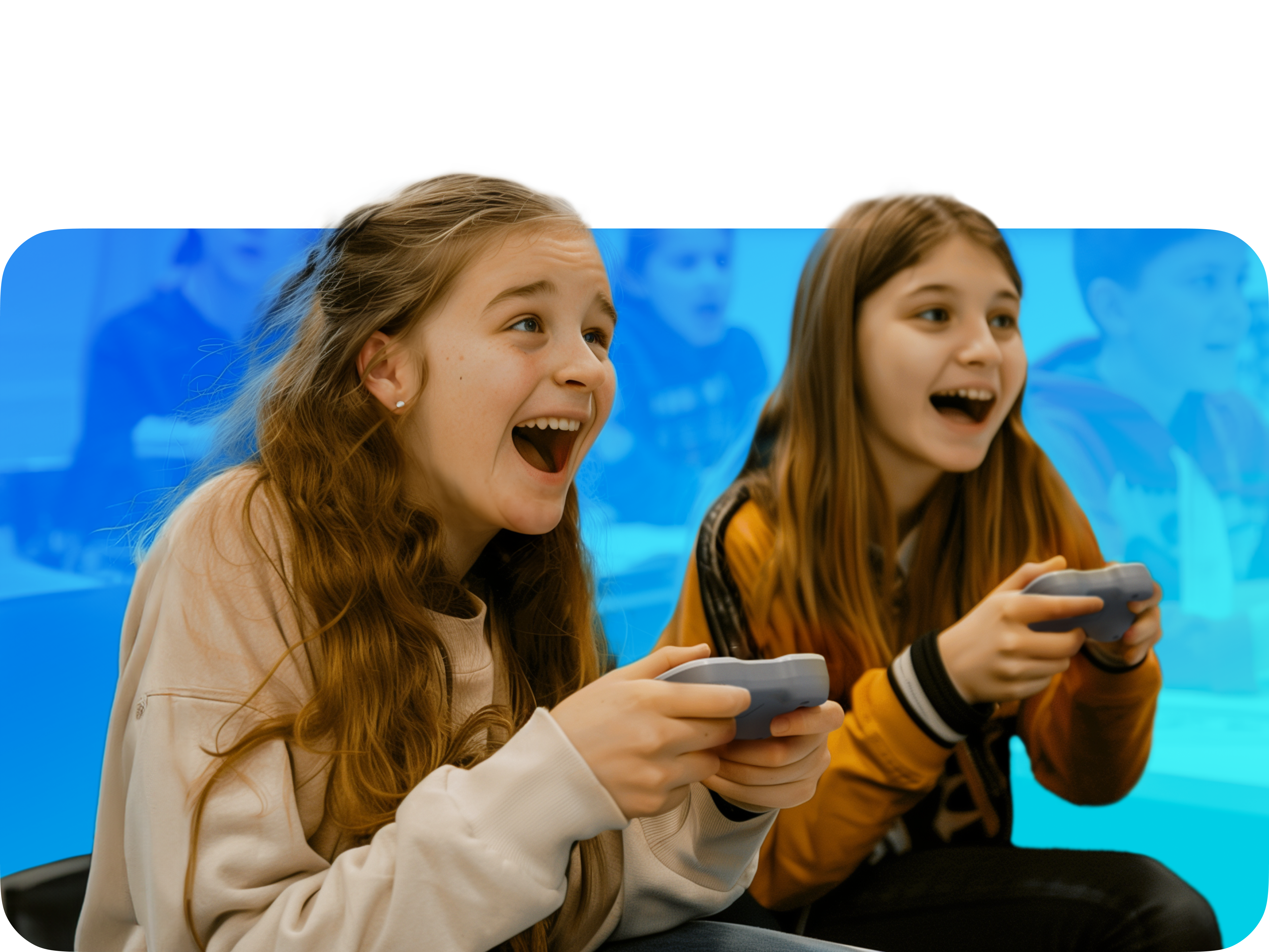 Two excited girls playing video games, showcasing joy and friendship in a vibrant setting.