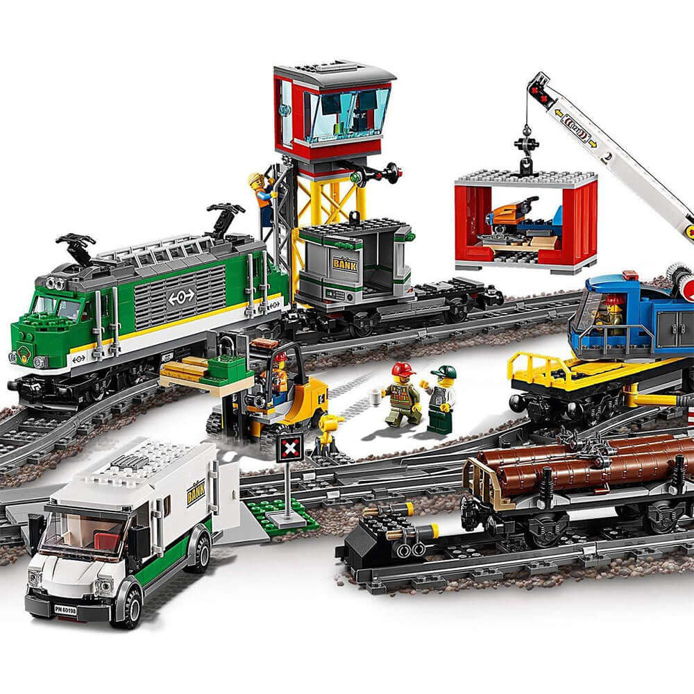 LEGO® City 60198 Cargo Train Set featuring motorized engine, crane, and accessories on tracks.