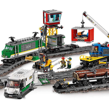 LEGO® City 60198 Cargo Train Set featuring motorized engine, crane, and accessories on tracks.