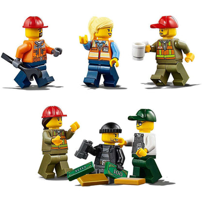 LEGO® City Cargo Train Set characters including workers and a manager in vibrant outfits, showcasing teamwork and fun.