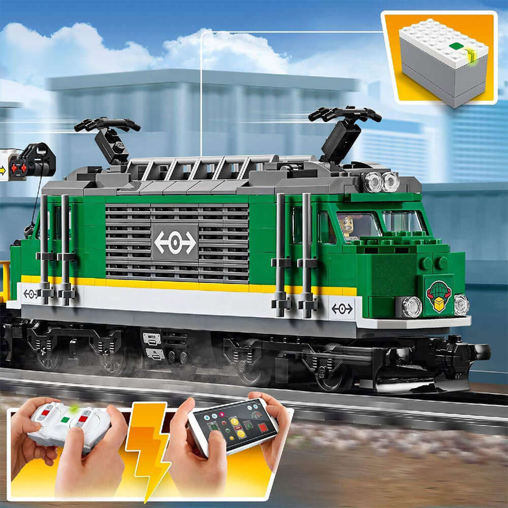 LEGO City Cargo Train Set 60198 motorized engine with Bluetooth remote control, on tracks with vibrant design.