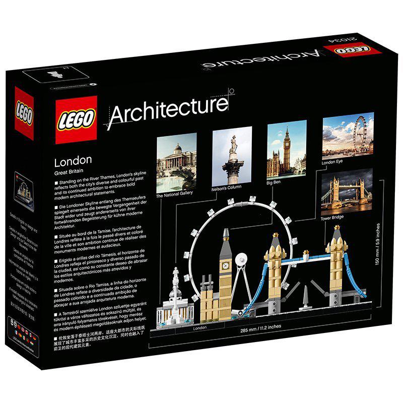 LEGO Architecture London Building Set 21034 featuring iconic landmarks like Big Ben and Tower Bridge in detailed skyline model.