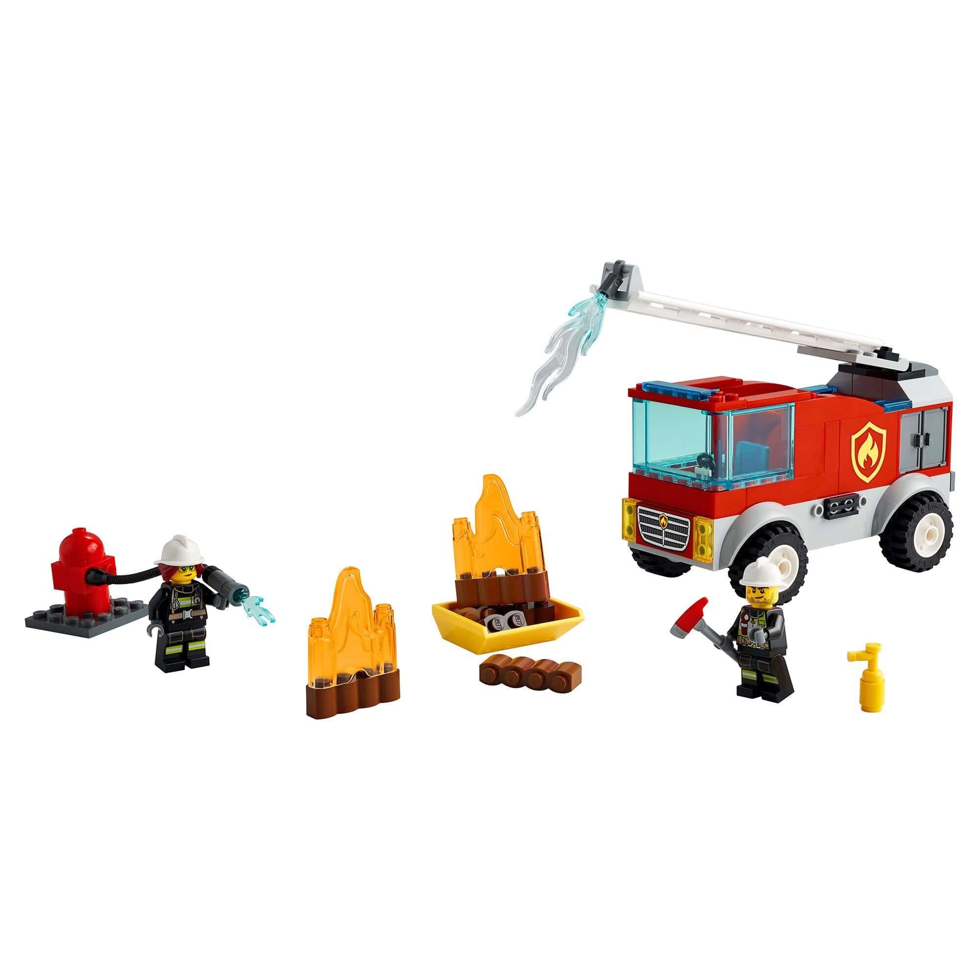LEGO® City Fire Ladder Truck 60280 with firefighter minifigures, flames, and fire extinguisher accessories.