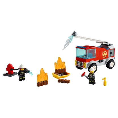 LEGO® City Fire Ladder Truck 60280 with firefighter minifigures, flames, and fire extinguisher accessories.