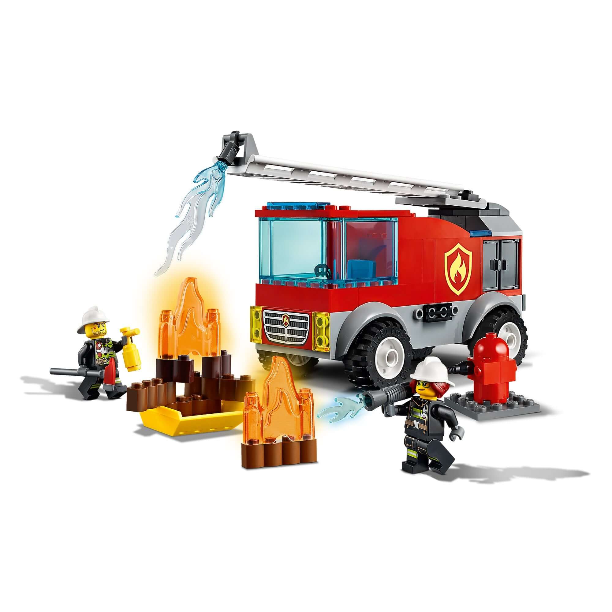 LEGO® City Fire Ladder Truck 60280 playset with Freya McCloud, featuring firefighters and fire elements.