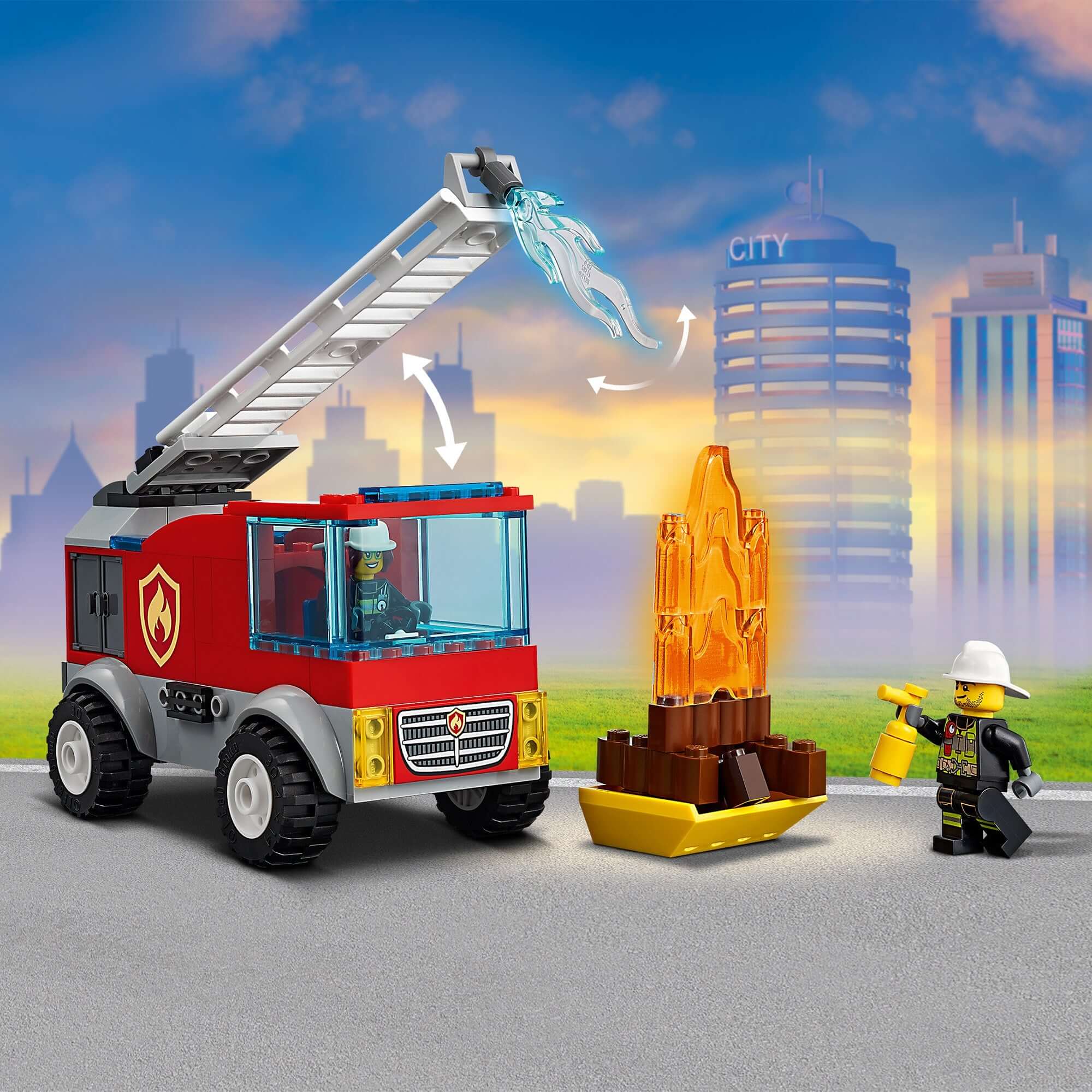 LEGO® City Fire Ladder Truck 60280 playset with Freya McCloud, featuring a ladder and fire-themed elements.