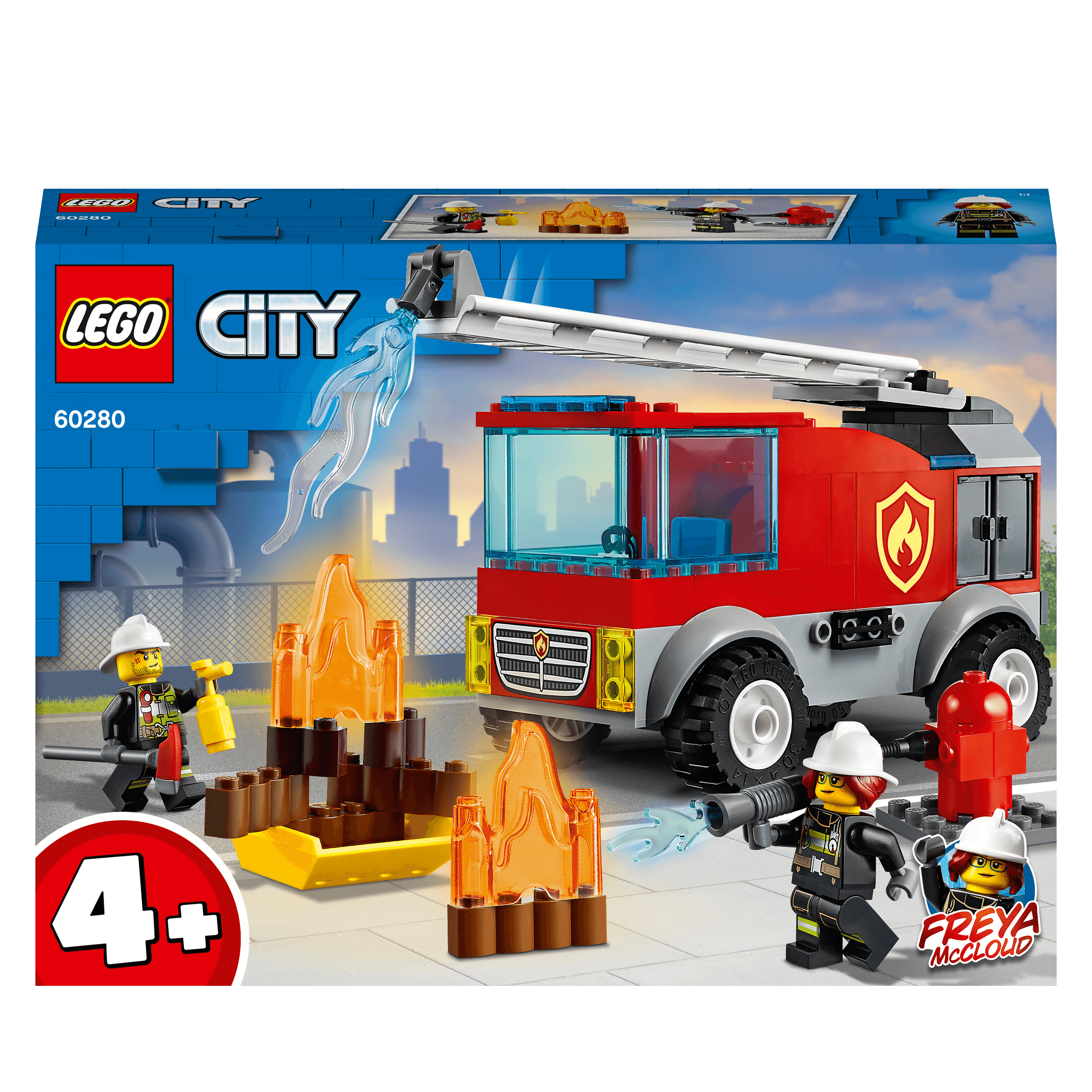 LEGO® City Fire Ladder Truck Toy 60280 with Freya McCloud, flames, and firefighter minifigures.