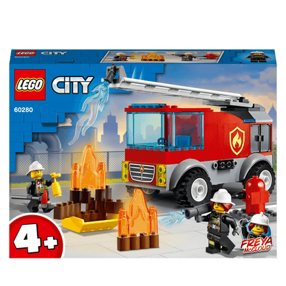 LEGO® City Fire Ladder Truck Toy 60280 with Freya McCloud, flames, and firefighter minifigures.