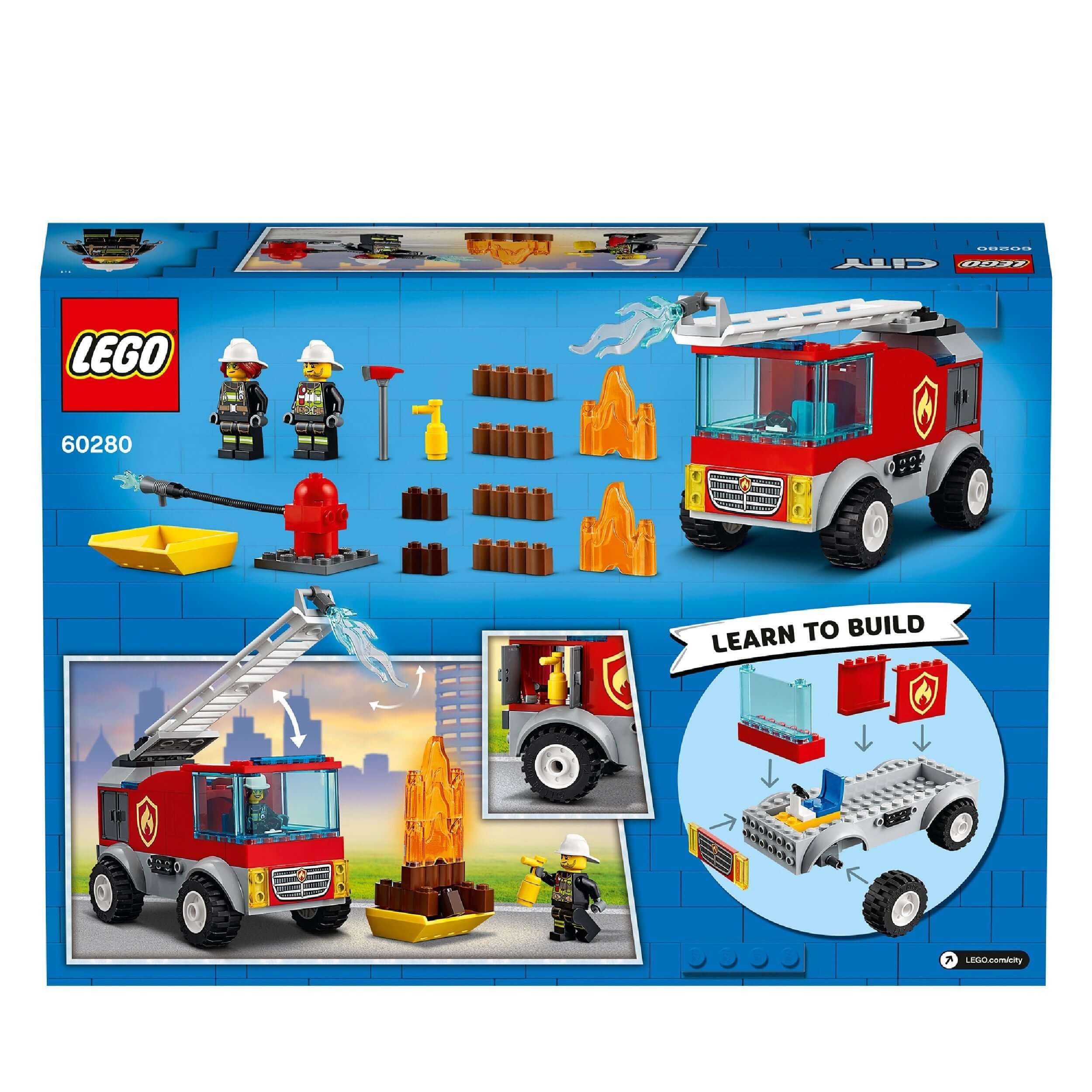 LEGO® City Fire Ladder Truck Toy 60280 with firemen, accessories and building instructions, perfect for kids.