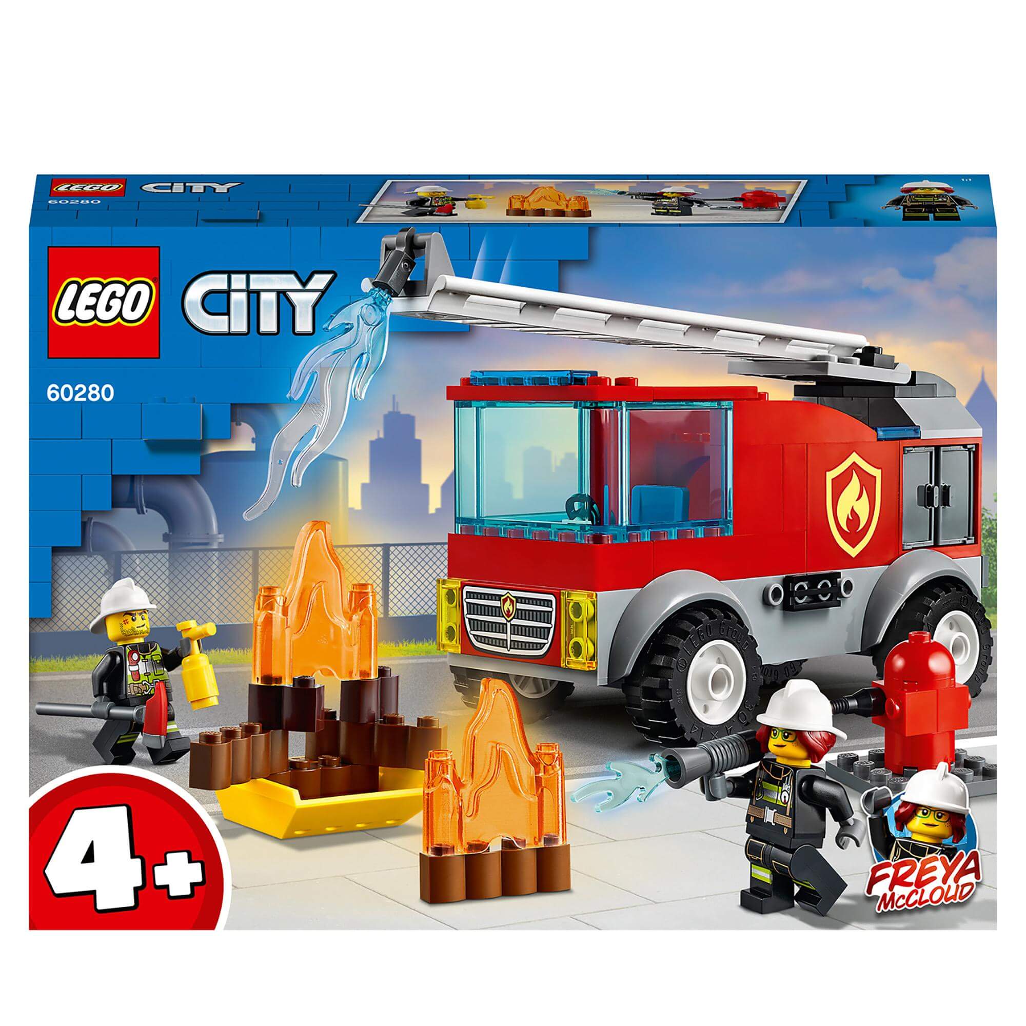 LEGO® City Fire Ladder Truck Toy 60280 with Freya McCloud, featuring flames and firefighters for kids aged 4 and up.
