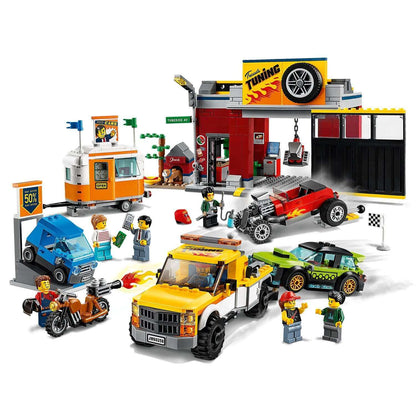 LEGO® City Nitro Wheels Tuning Workshop Set 60258 with vehicles, characters, and a vibrant workshop for kids.