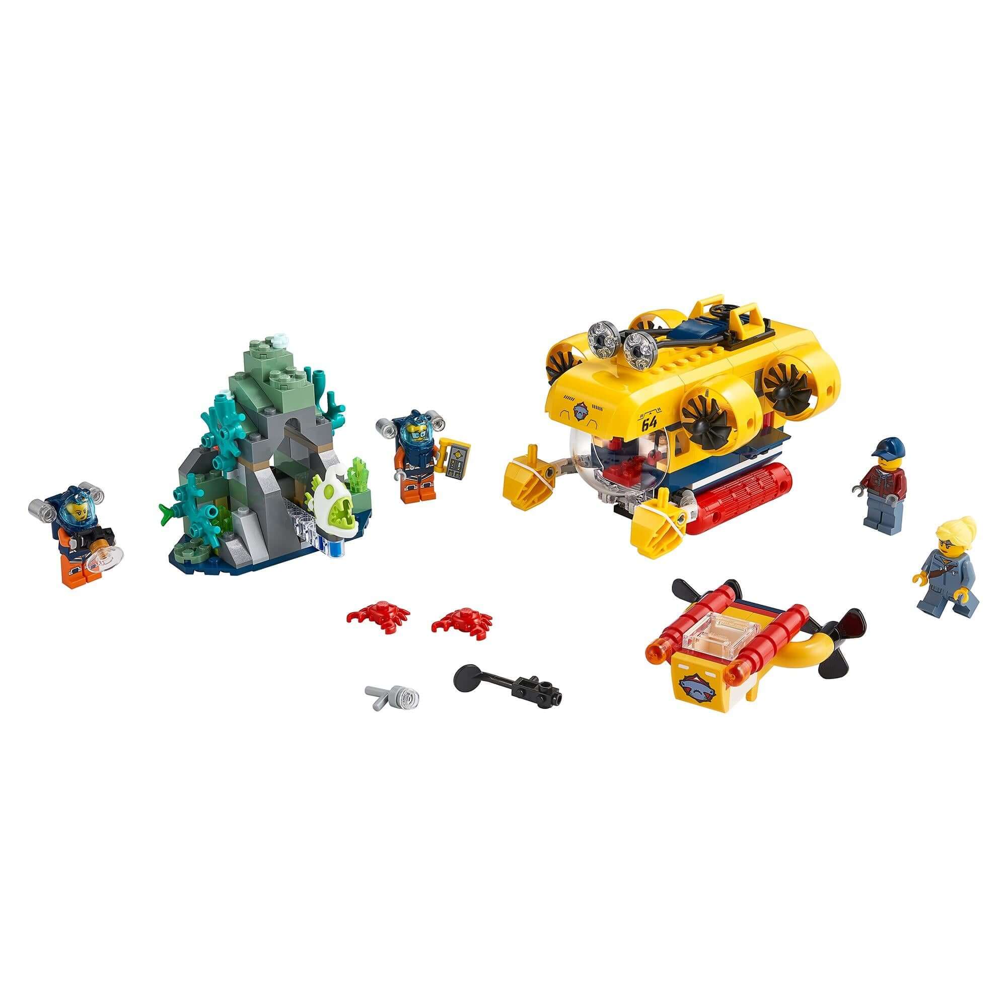 LEGO® City Ocean Exploration Submarine Set 60264 with divers, underwater scene, and exploration tools for kids.
