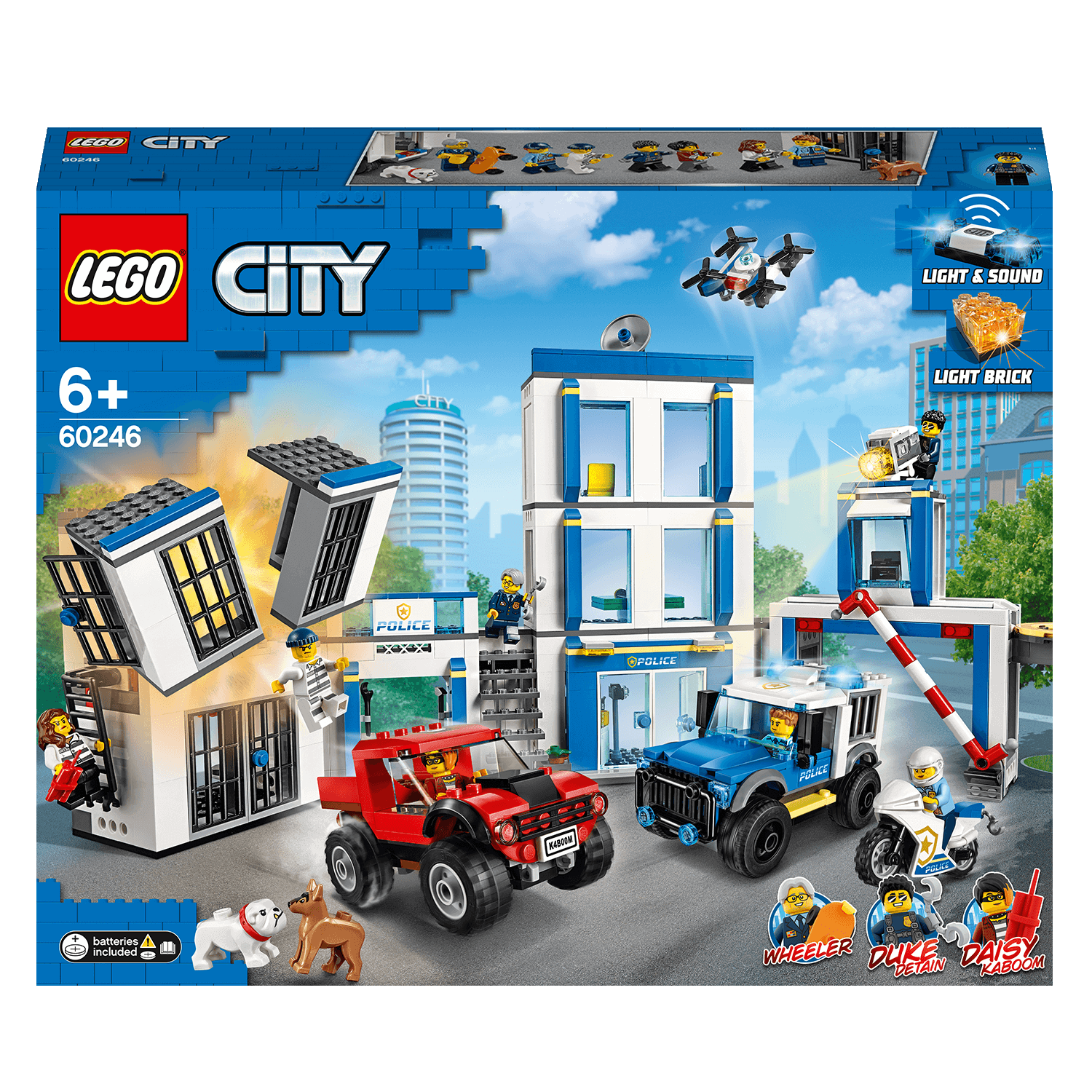 LEGO® City Police Station Set 60246 with vehicles and characters including Duke DeTain, Chief Wheeler, and Daisy Kaboom.