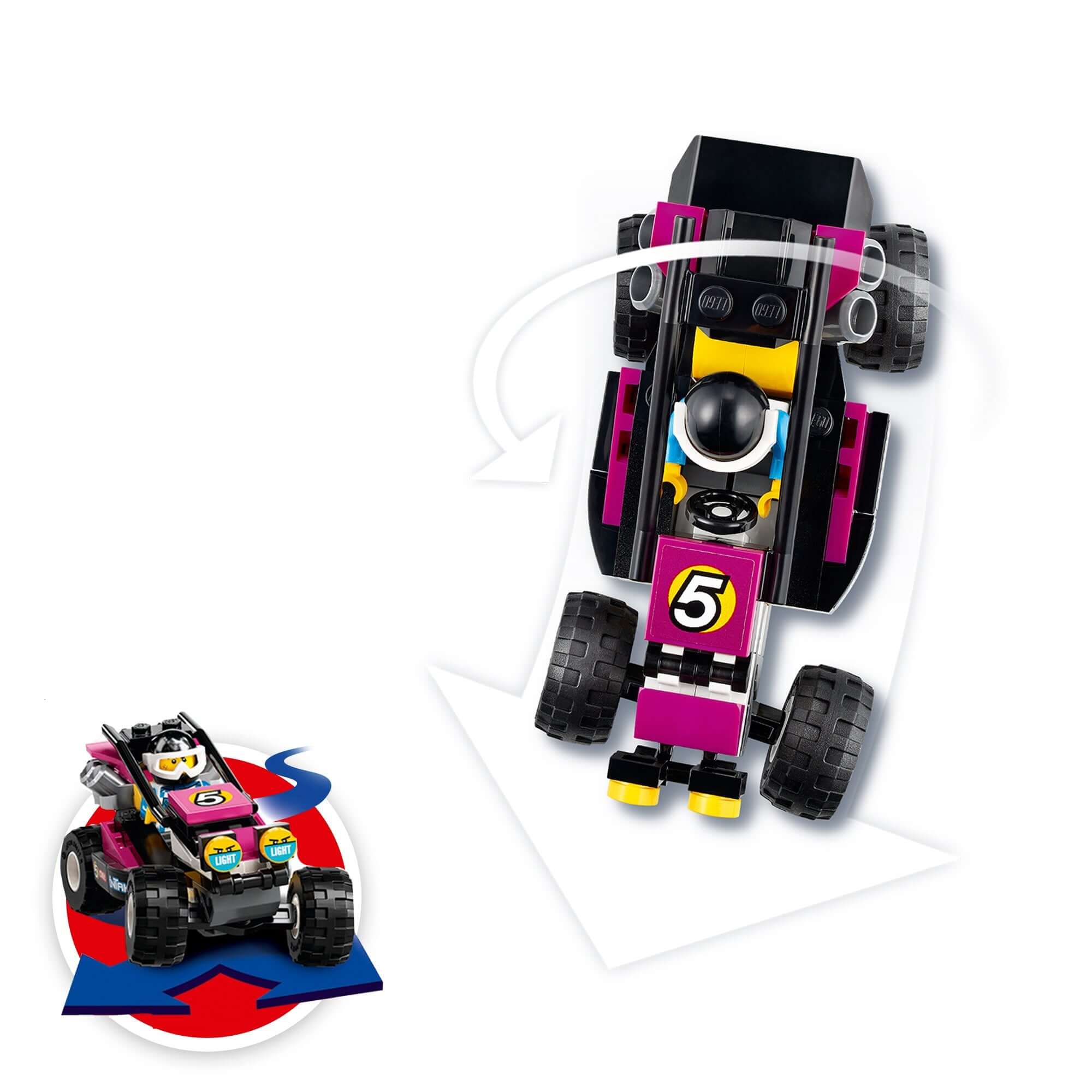 Colorful LEGO® Baja race buggy with number 5, featuring unique design and large tires for kids' playsets.