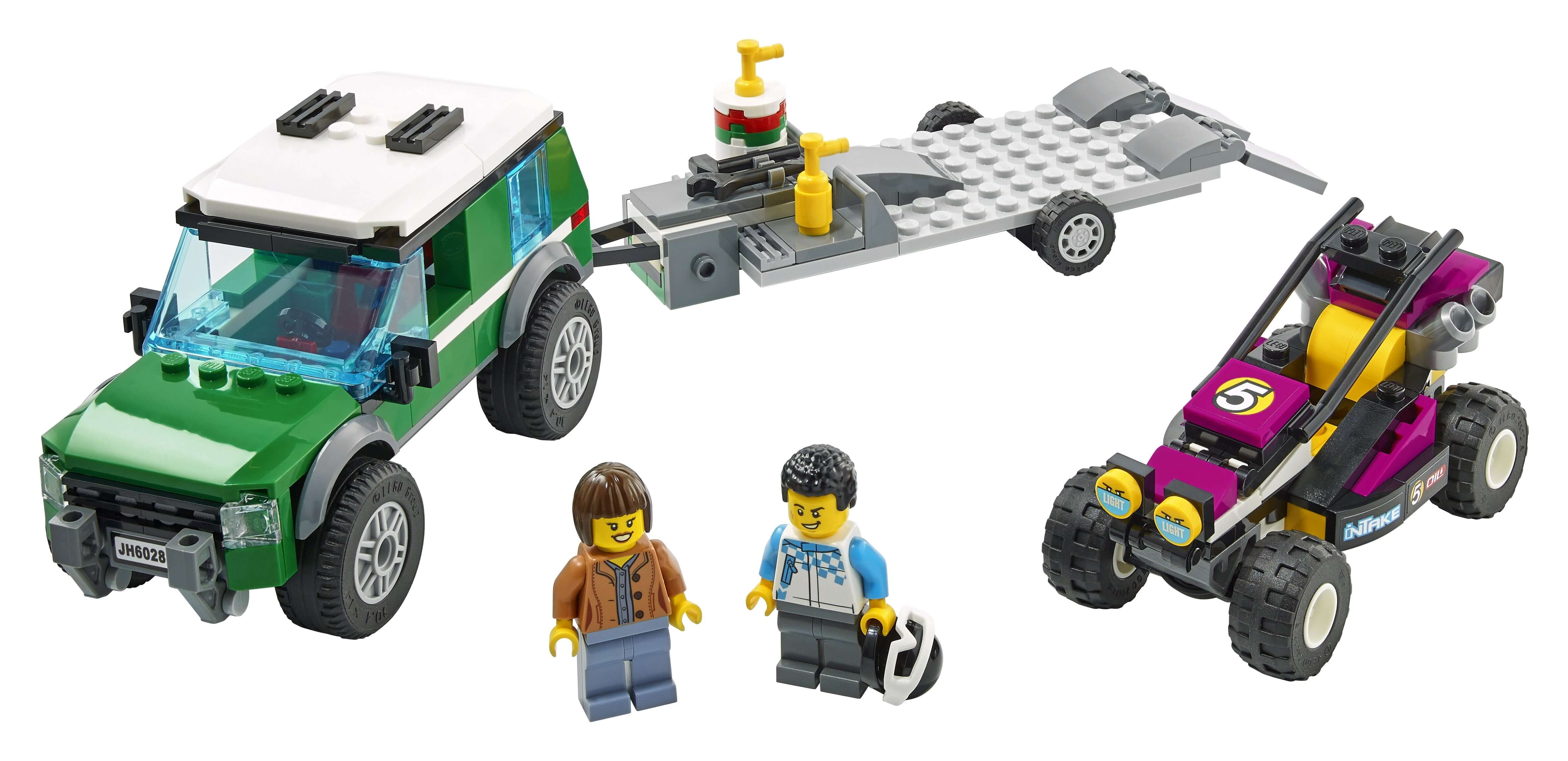 LEGO® City Race Buggy Transporter Set featuring SUV, trailer, Baja race buggy, and two driver minifigures.
