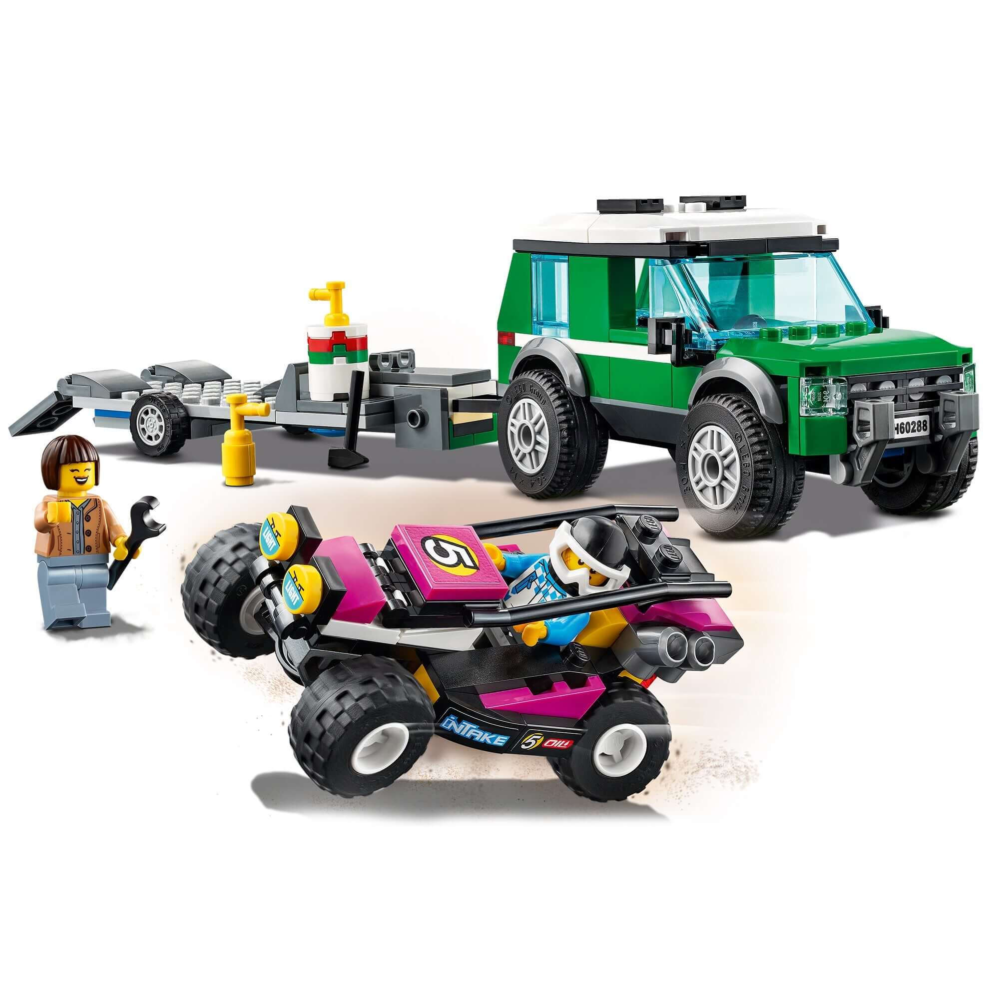 LEGO® City Race Buggy Transporter with off-roader truck, trailer, race buggy, and two driver minifigures.