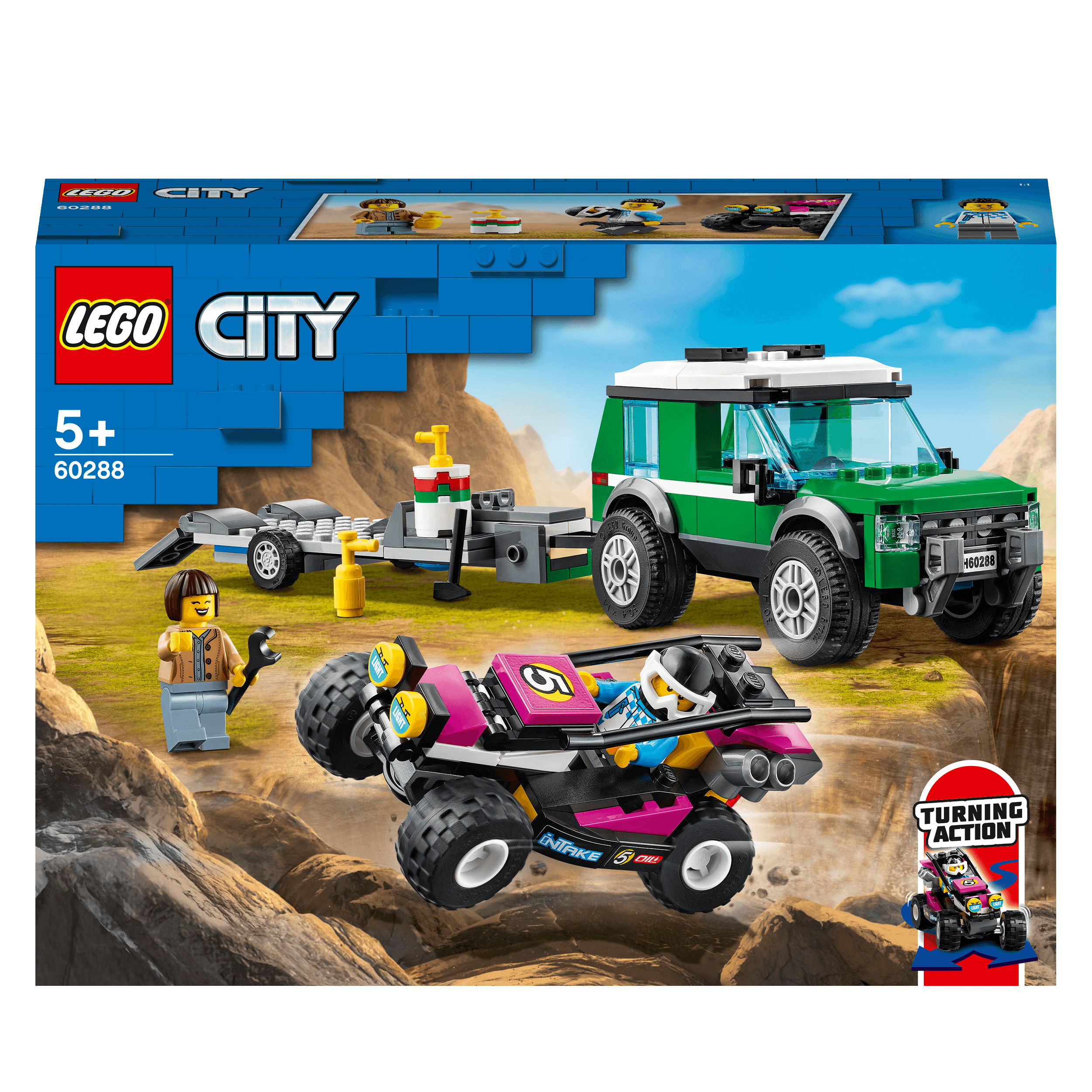 LEGO® City Race Buggy Transporter 60288 set with SUV off-roader, trailer, Baja race buggy, and driver minifigures.