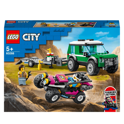 LEGO® City Race Buggy Transporter 60288 set with SUV off-roader, trailer, Baja race buggy, and driver minifigures.